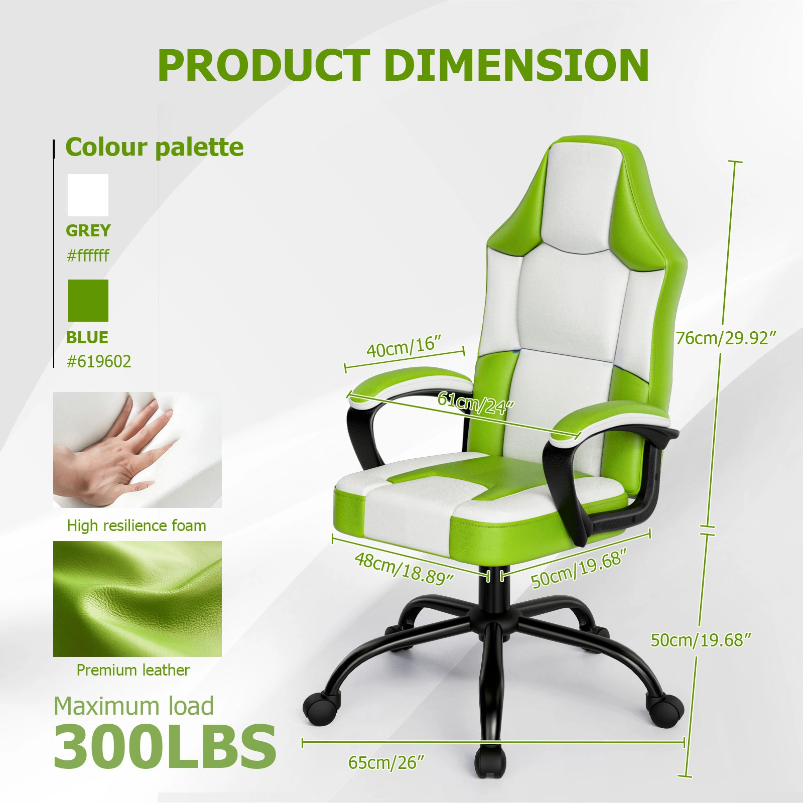 Ergonomic Gaming Chair, Height Adjustable PU Leather Office Chair, Reclining Computer Desk Chair with Wheels, High Back Support for Adults view 2