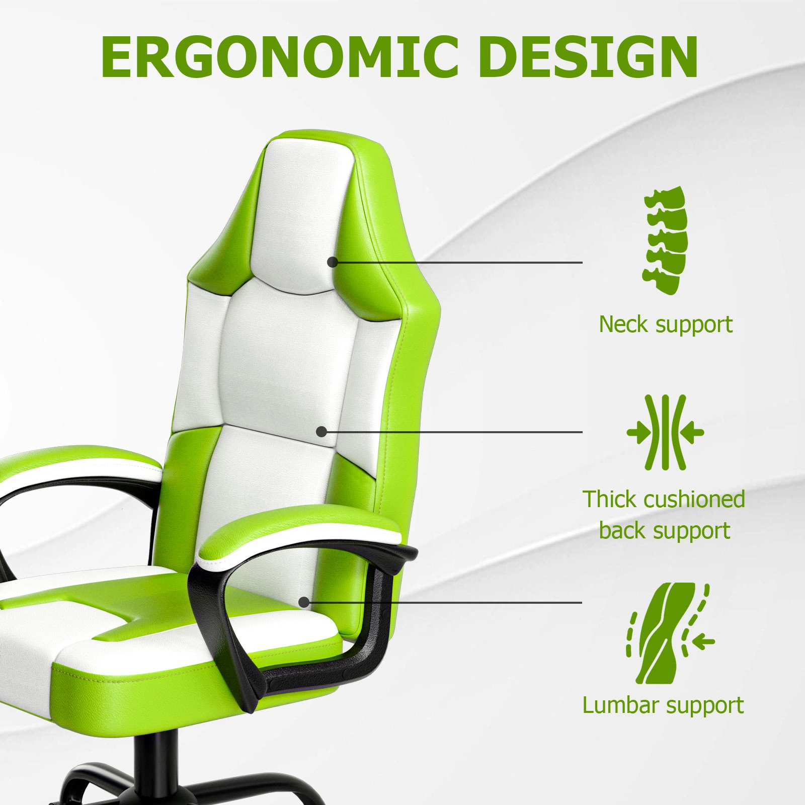 Ergonomic Gaming Chair, Height Adjustable PU Leather Office Chair, Reclining Computer Desk Chair with Wheels, High Back Support for Adults view 3