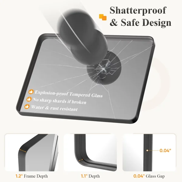 Anti-Fog Bathroom Wall Mirror – 36" x 36" Shatterproof Mirror with Rectangular Metal Frame, Black (Shipment from Walmart) view 2