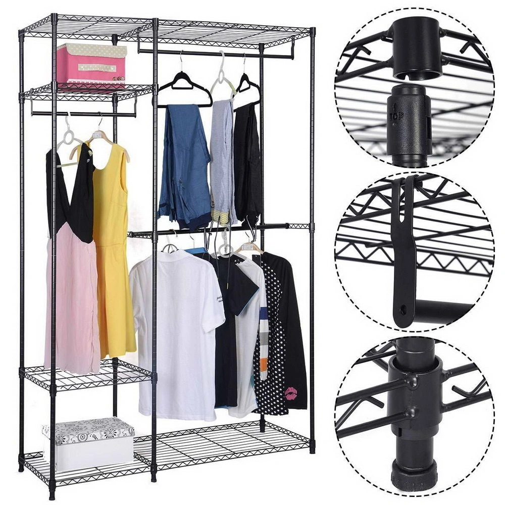 4-Tier Clothing Storage Rack, Black Metal Clothes Organizer with Hanging Rod