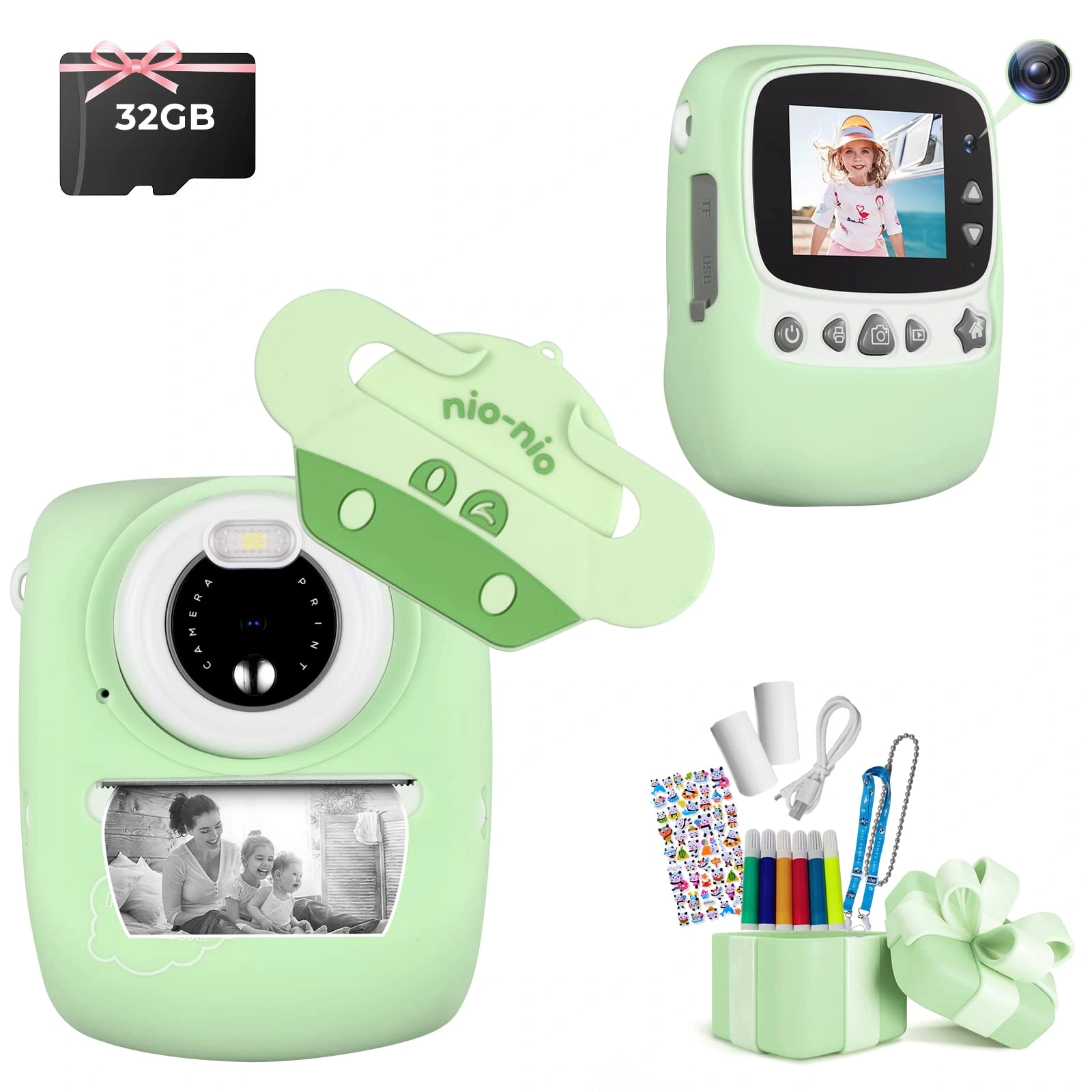 Kids Digital Camera with Printer, 1080P 2.4" Screen, 3 Rolls Paper, 5 Color Pens, 32GB Card, Pink Rabbit, Gift for Ages 3-12