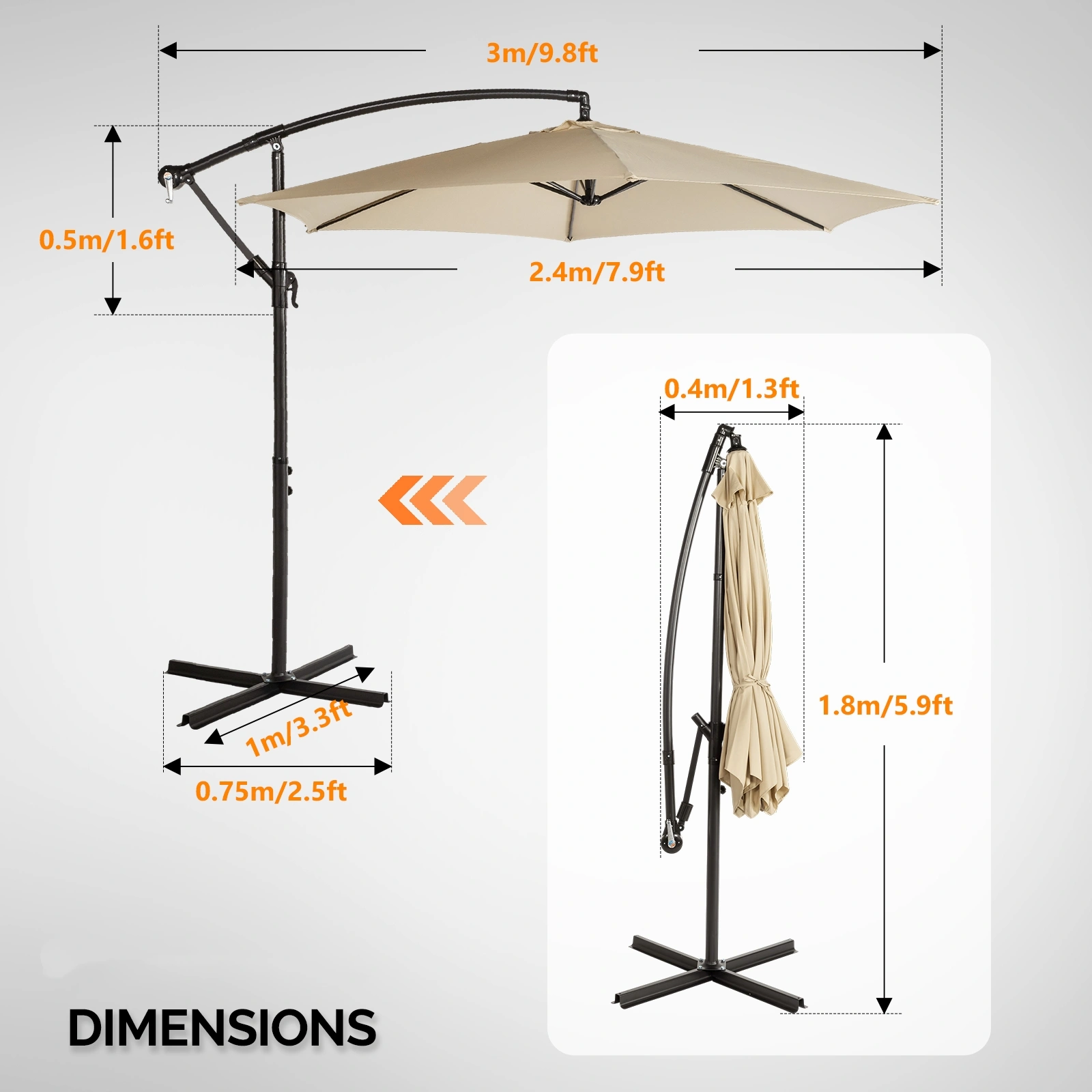 10FT Round Offset Patio Umbrella, Banana Hanging Cantilever Umbrella with 60° Adjustable Angle, Crank System, Cross Base & Pole Sleeve, UPF 50+ Waterproof Polyester Canopy, 6 Iron Ribs for Garden Deck Backyard, Khaki view 13