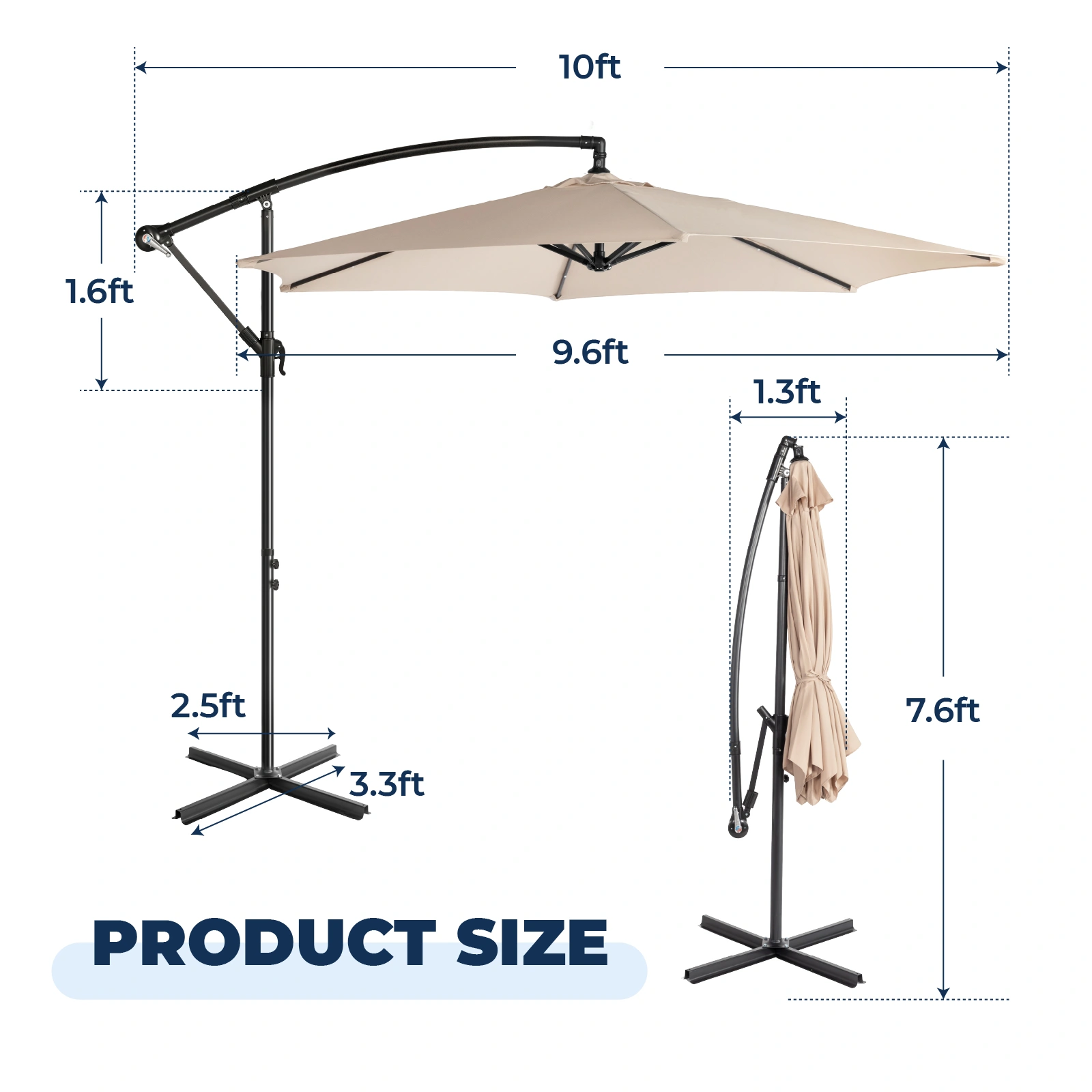 10FT Round Offset Patio Umbrella, Banana Hanging Cantilever Umbrella with 60° Adjustable Angle, Crank System, Cross Base & Pole Sleeve, UPF 50+ Waterproof Polyester Canopy, 6 Iron Ribs for Garden Deck Backyard, Khaki view 14