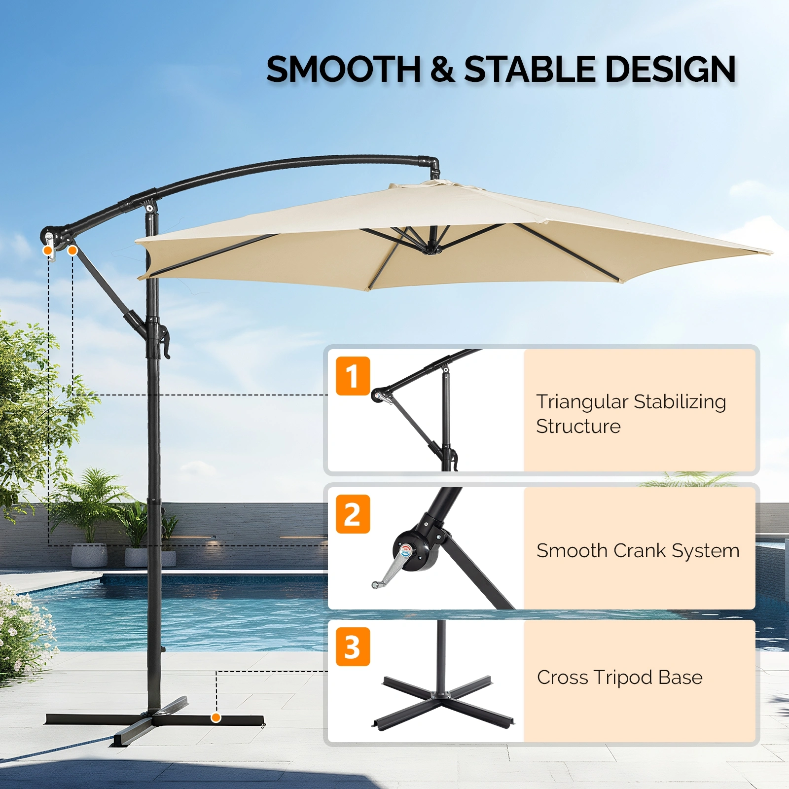 10FT Round Offset Patio Umbrella, Banana Hanging Cantilever Umbrella with 60° Adjustable Angle, Crank System, Cross Base & Pole Sleeve, UPF 50+ Waterproof Polyester Canopy, 6 Iron Ribs for Garden Deck Backyard, Khaki view 17