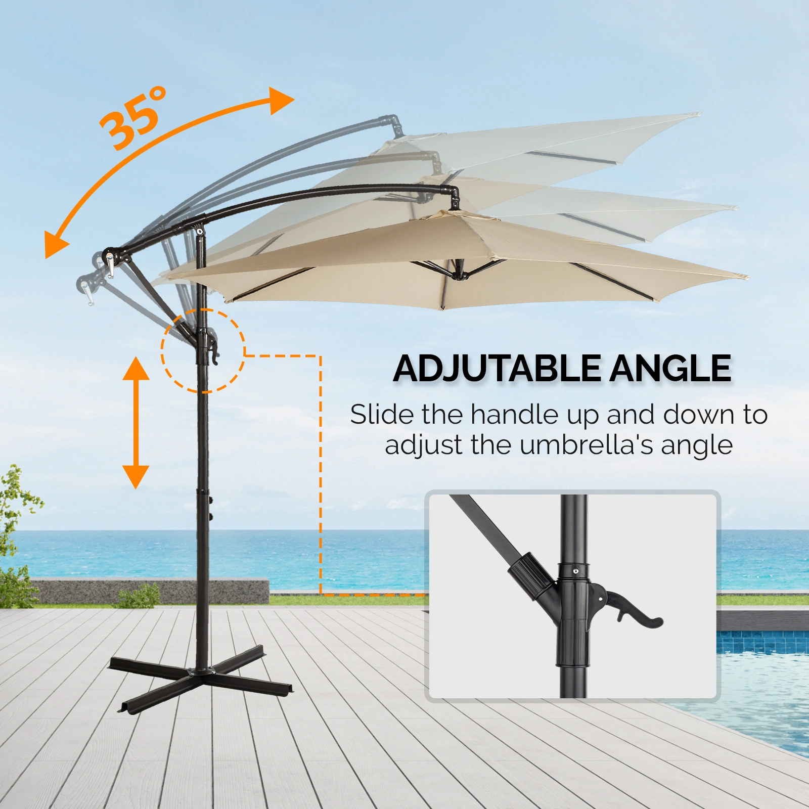 10FT Round Offset Patio Umbrella, Banana Hanging Cantilever Umbrella with 60° Adjustable Angle, Crank System, Cross Base & Pole Sleeve, UPF 50+ Waterproof Polyester Canopy, 6 Iron Ribs for Garden Deck Backyard, Khaki view 18