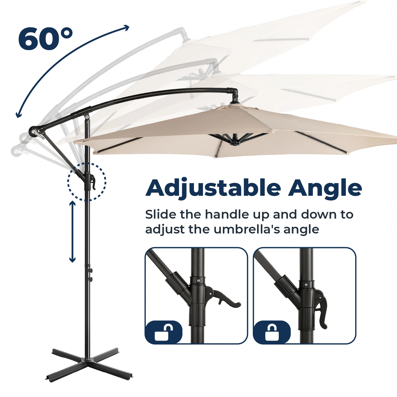 10FT Round Offset Patio Umbrella, Banana Hanging Cantilever Umbrella with 60° Adjustable Angle, Crank System, Cross Base & Pole Sleeve, UPF 50+ Waterproof Polyester Canopy, 6 Iron Ribs for Garden Deck Backyard, Khaki view 20