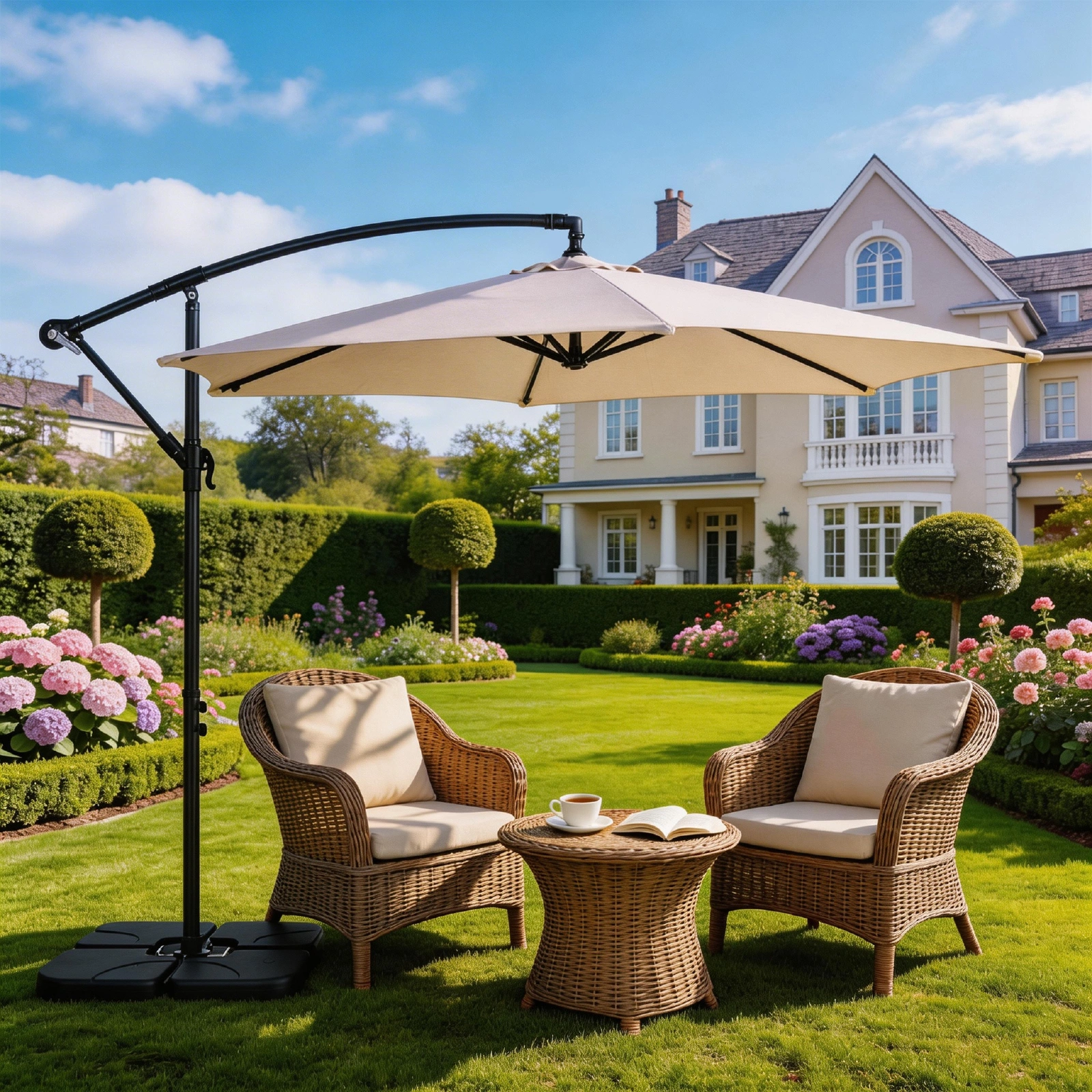 10FT Round Offset Patio Umbrella, Banana Hanging Cantilever Umbrella with 60° Adjustable Angle, Crank System, Cross Base & Pole Sleeve, UPF 50+ Waterproof Polyester Canopy, 6 Iron Ribs for Garden Deck Backyard, Khaki view 23