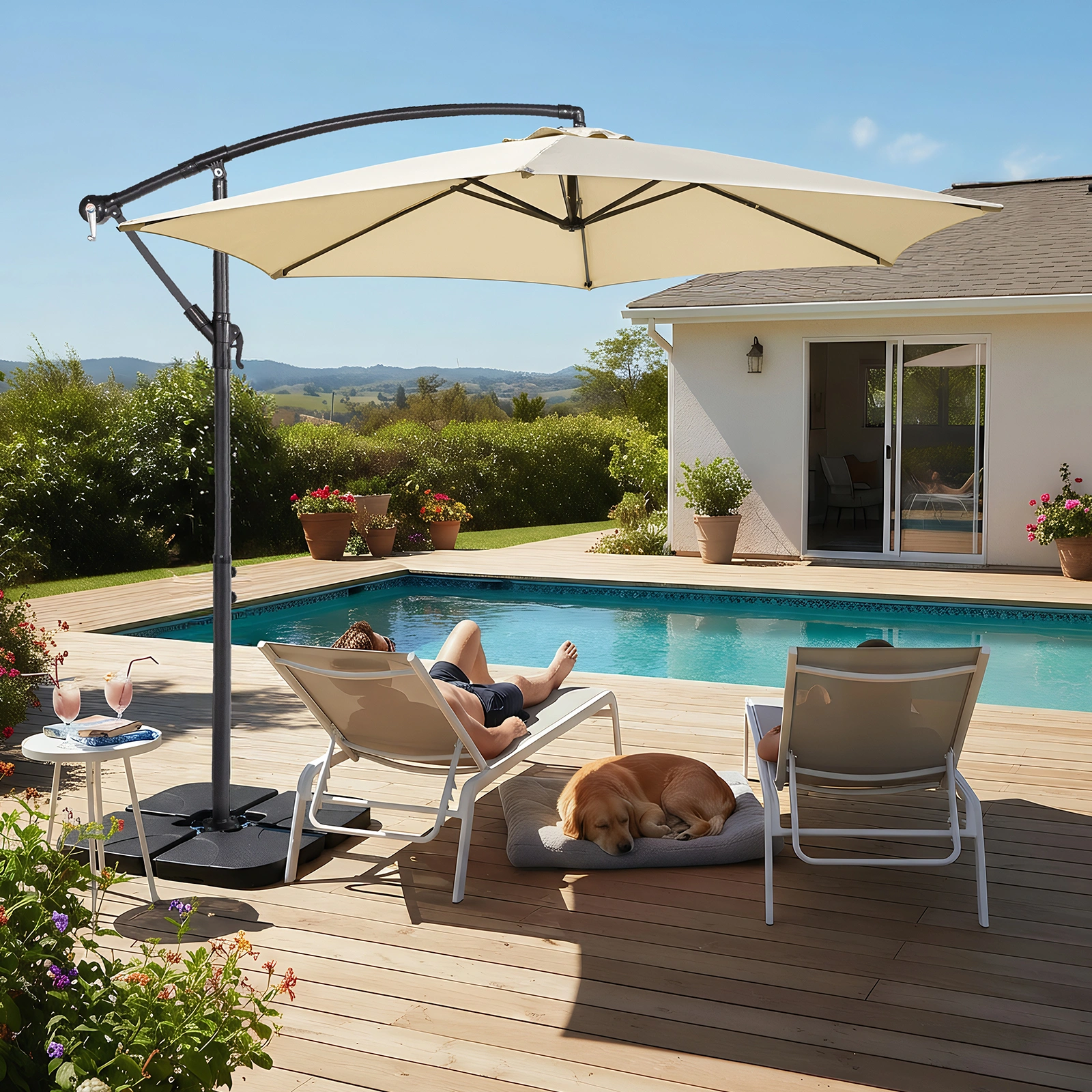 10FT Round Offset Patio Umbrella, Banana Hanging Cantilever Umbrella with 60° Adjustable Angle, Crank System, Cross Base & Pole Sleeve, UPF 50+ Waterproof Polyester Canopy, 6 Iron Ribs for Garden Deck Backyard, Khaki view 26
