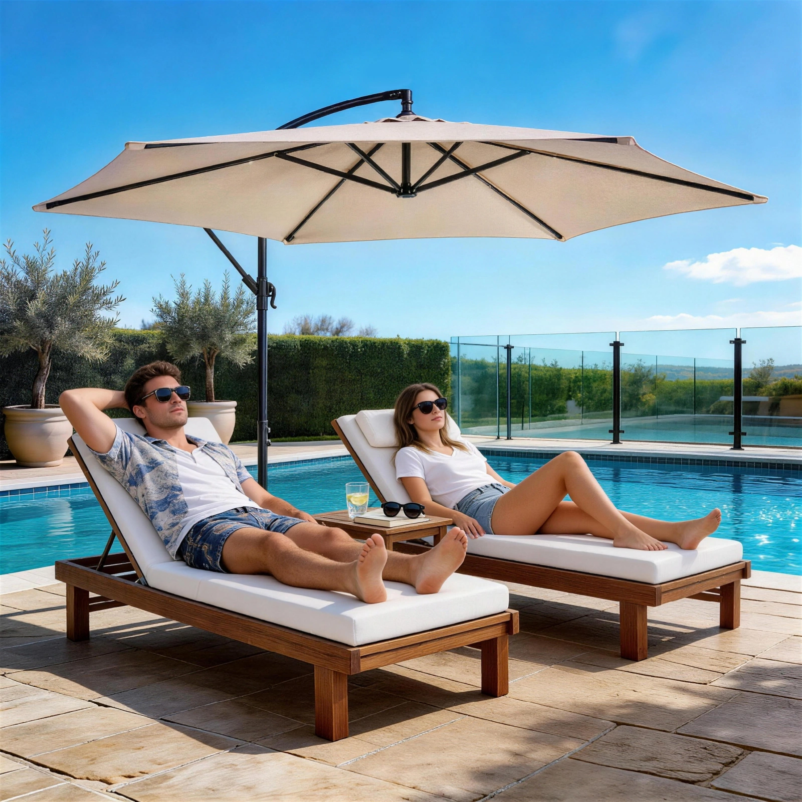 10FT Round Offset Patio Umbrella, Banana Hanging Cantilever Umbrella with 60° Adjustable Angle, Crank System, Cross Base & Pole Sleeve, UPF 50+ Waterproof Polyester Canopy, 6 Iron Ribs for Garden Deck Backyard, Khaki view 28