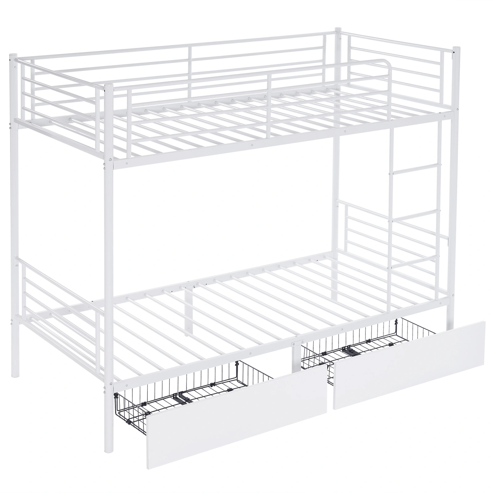 Twin Over Twin Bunk Bed White Heavy Duty Metal Bunk Bed with 2 Storage Drawers Full Length Guard Rail for Kids Teens Adults