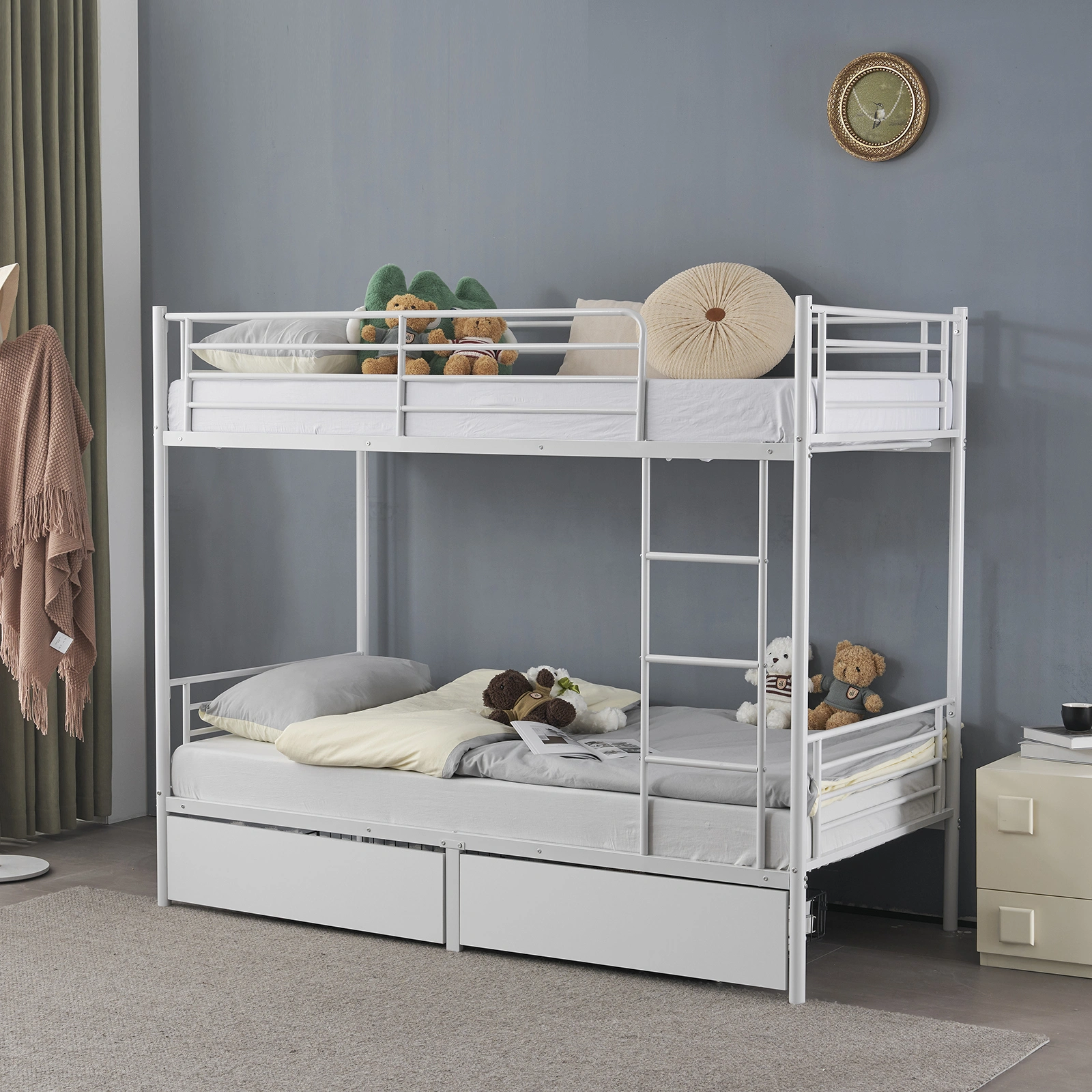 Twin Over Twin Bunk Bed White Heavy Duty Metal Bunk Bed with 2 Storage Drawers Full Length Guard Rail for Kids Teens Adults view 2