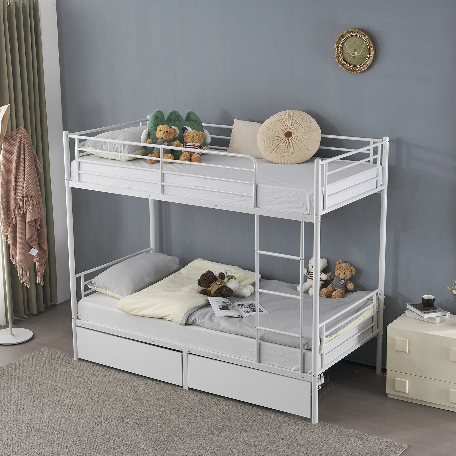 Twin Over Twin Bunk Bed White Heavy Duty Metal Bunk Bed with 2 Storage Drawers Full Length Guard Rail for Kids Teens Adults view 4