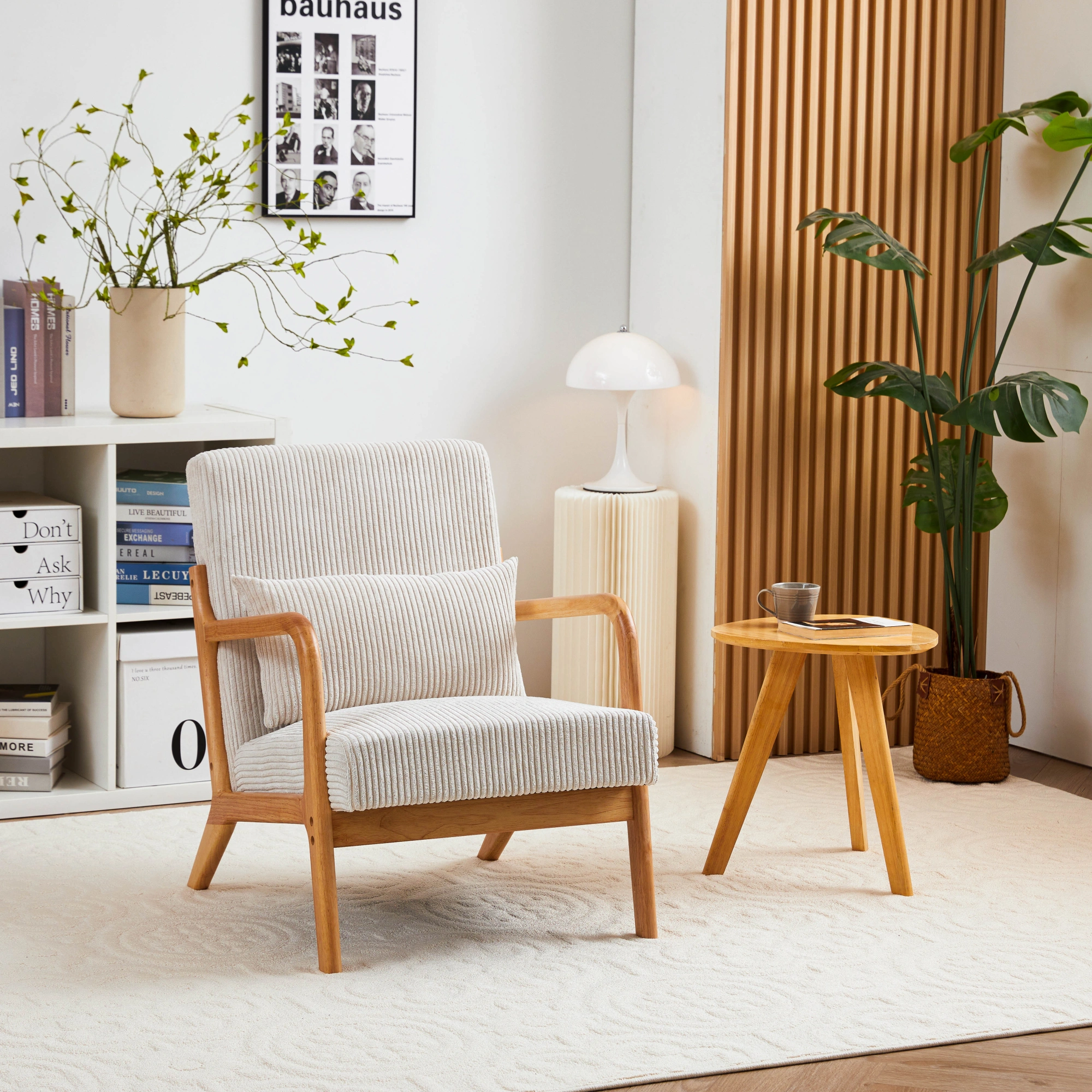 Mid-Century Modern Accent Chair with Pillow, Upholstered Arm Chair, Solid Wood Frame Living Room Bedroom Balcony Chair - Beige view 14