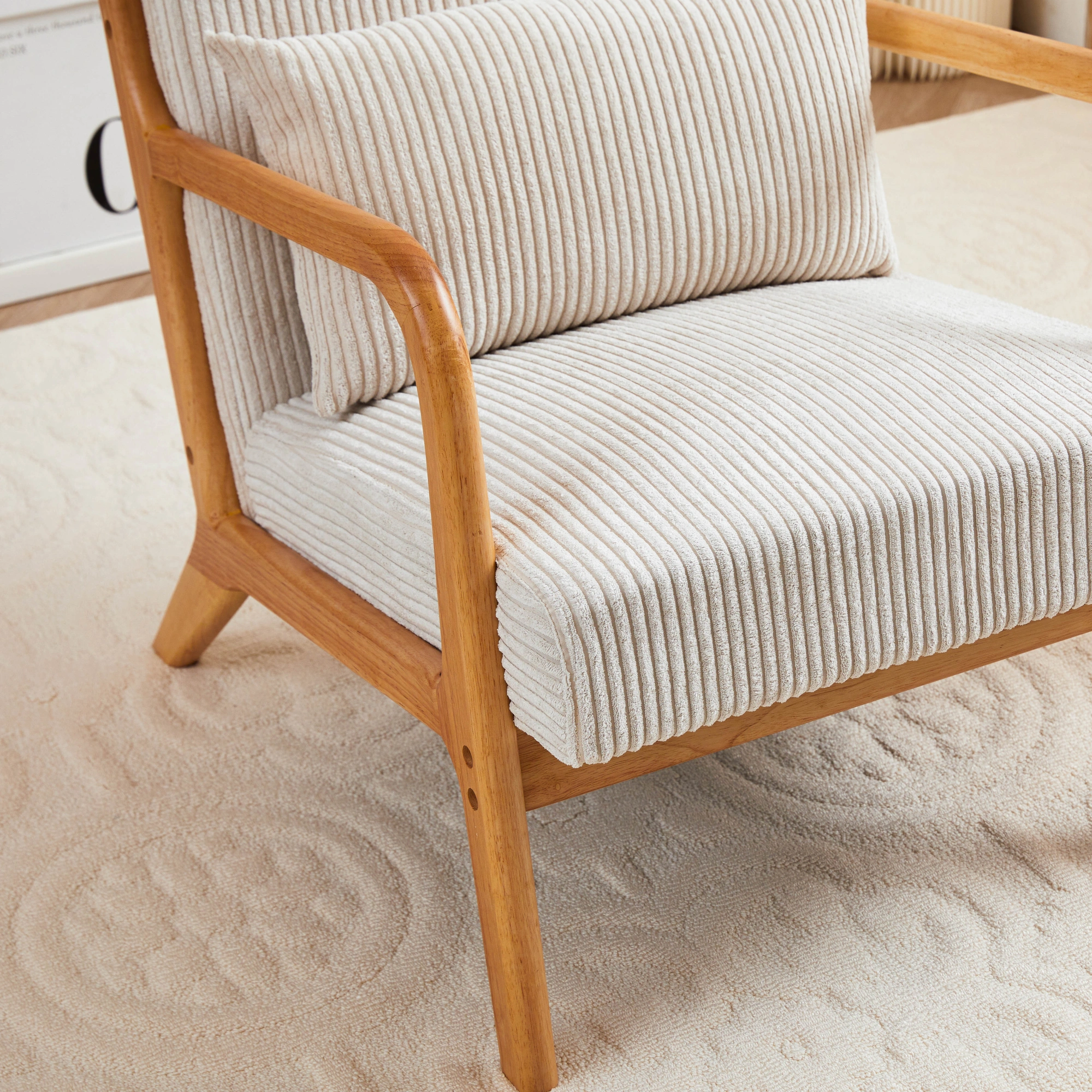 Mid-Century Modern Accent Chair with Pillow, Upholstered Arm Chair, Solid Wood Frame Living Room Bedroom Balcony Chair - Beige view 15