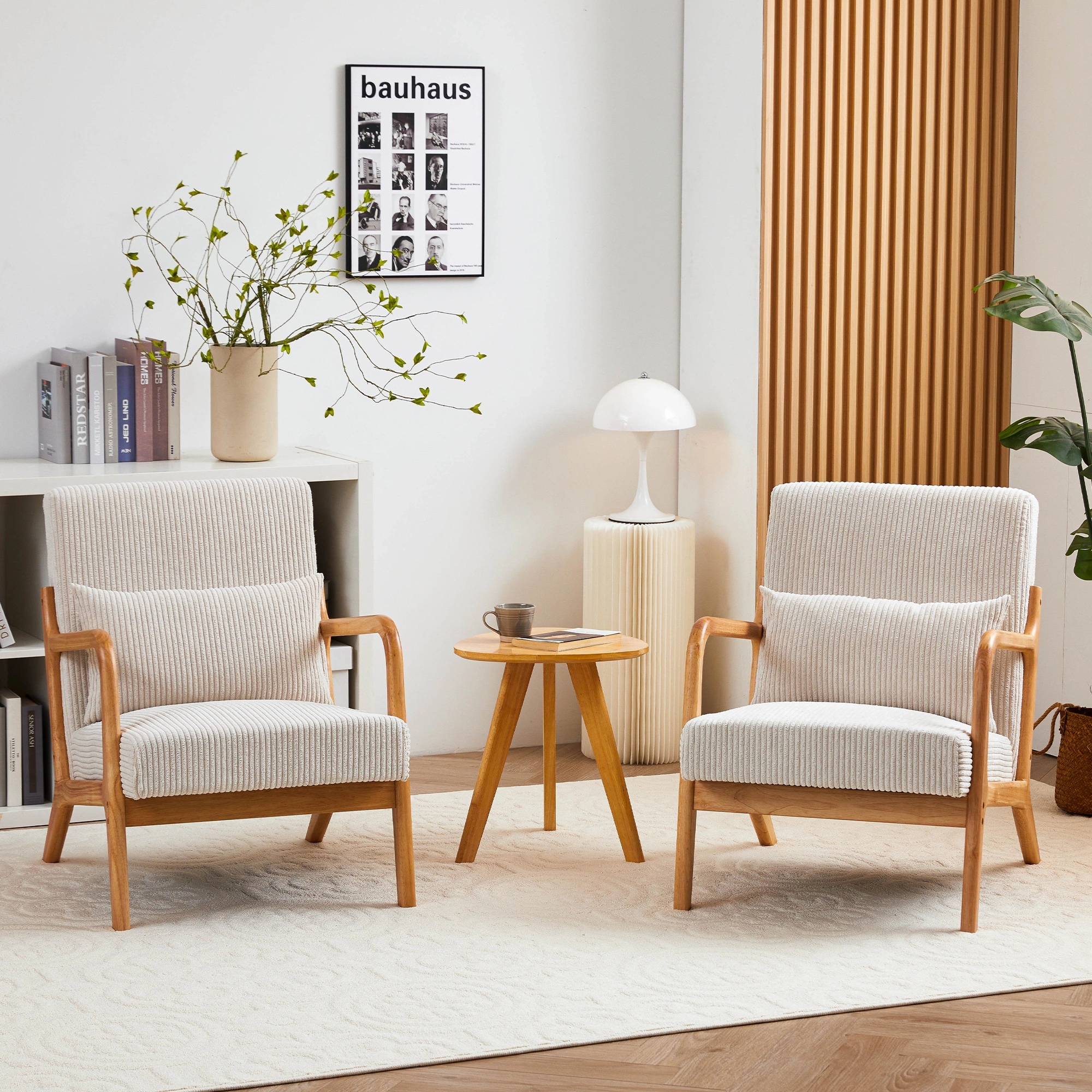 Mid-Century Modern Accent Chair with Pillow, Upholstered Arm Chair, Solid Wood Frame Living Room Bedroom Balcony Chair - Beige view 16