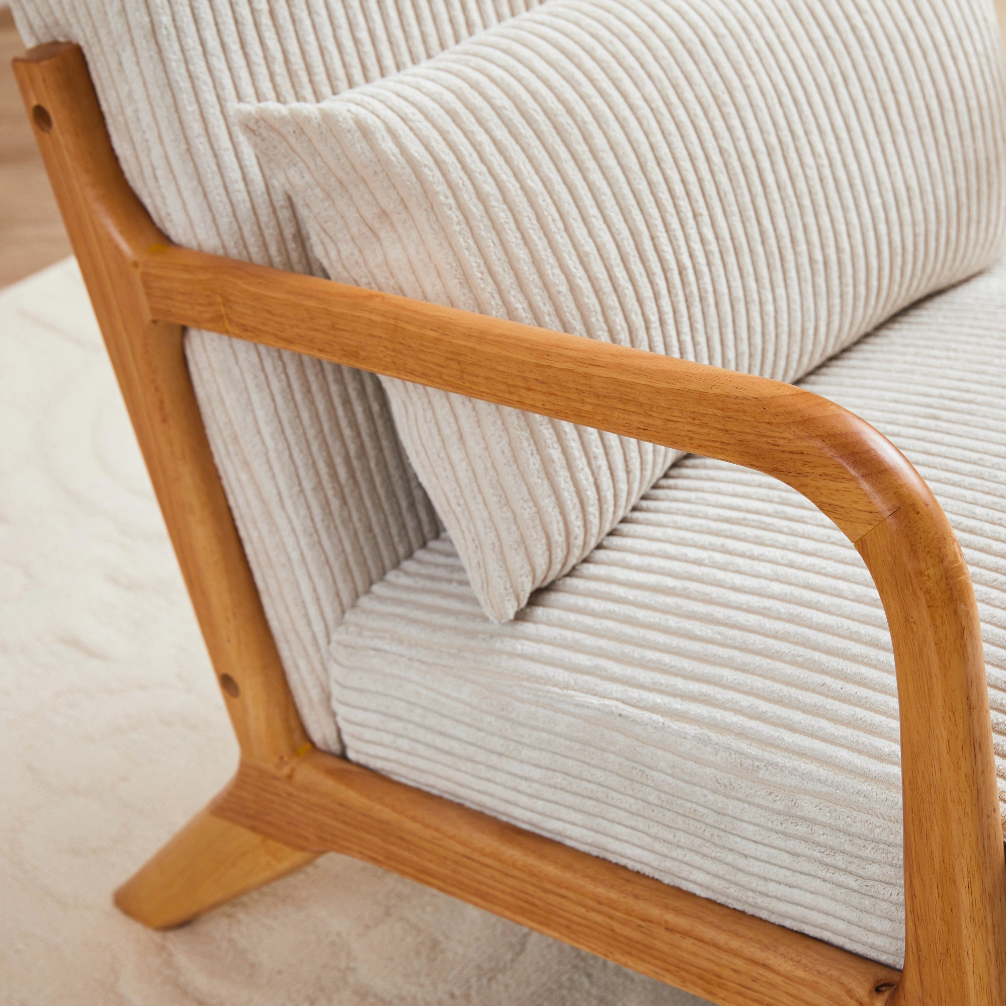Mid-Century Modern Accent Chair with Pillow, Upholstered Arm Chair, Solid Wood Frame Living Room Bedroom Balcony Chair - Beige view 20