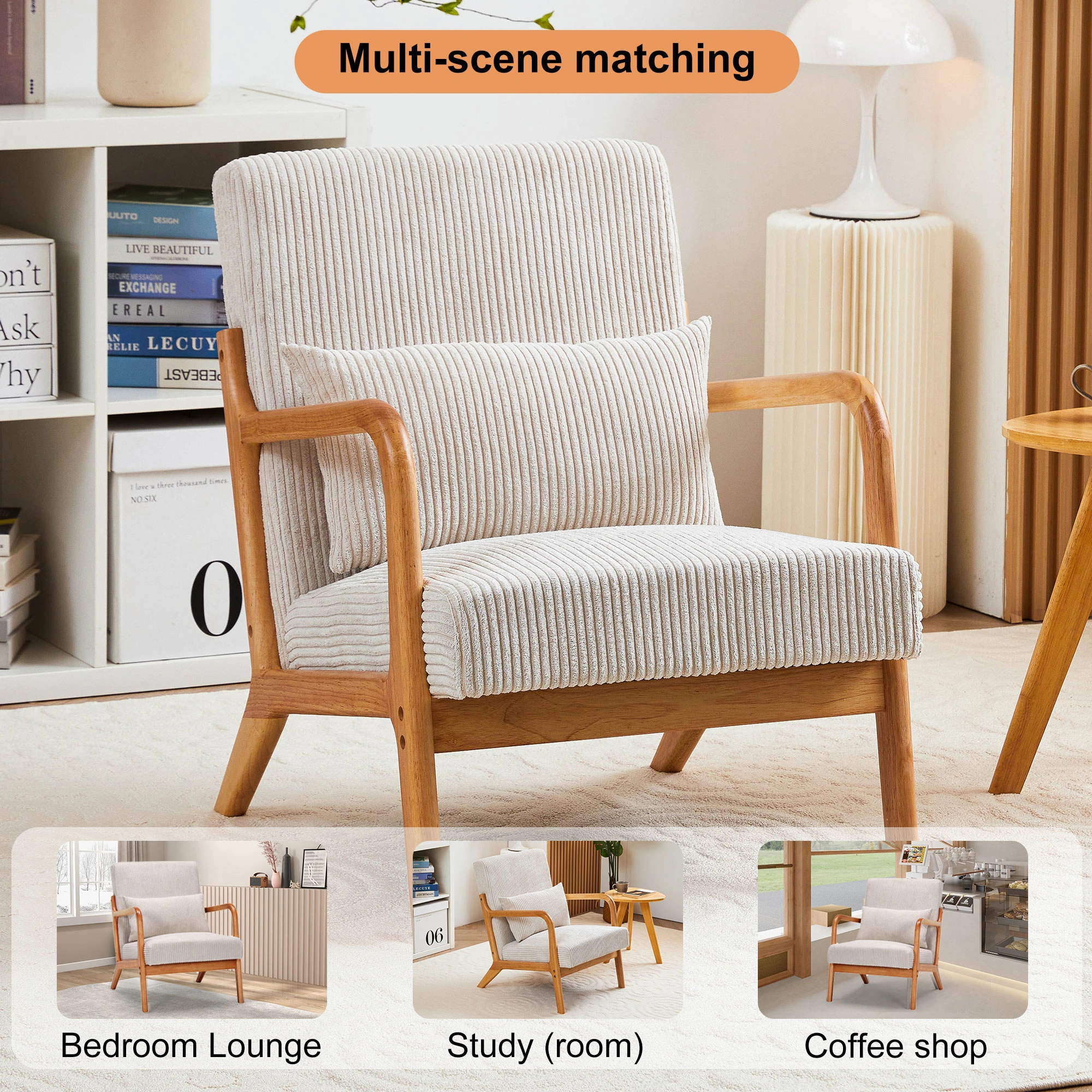 Mid-Century Modern Accent Chair with Pillow, Upholstered Arm Chair, Solid Wood Frame Living Room Bedroom Balcony Chair - Beige view 4