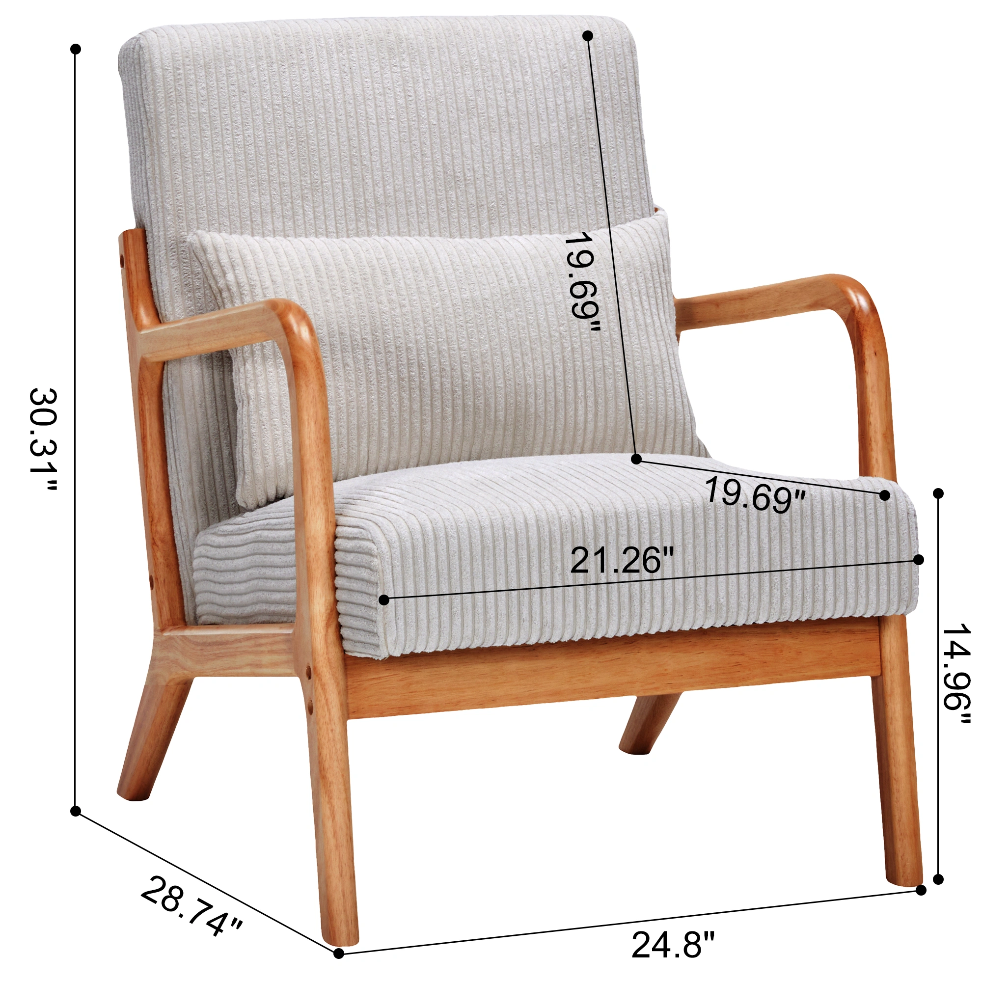 Mid-Century Modern Accent Chair with Pillow, Upholstered Arm Chair, Solid Wood Frame Living Room Bedroom Balcony Chair - Beige view 7