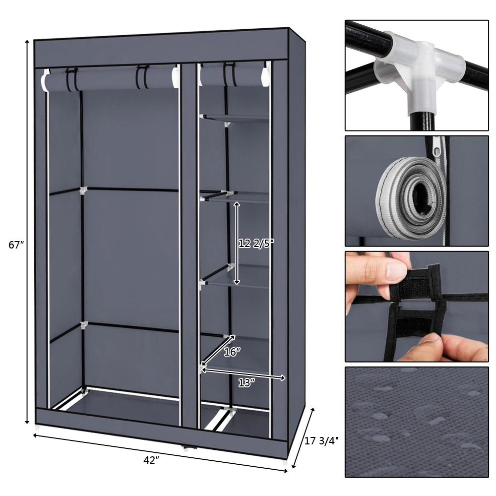 67" Portable Clothes Closet Wardrobe with Non-woven Fabric and Hanging Rod Quick and Easy to Assemble Gray view 16