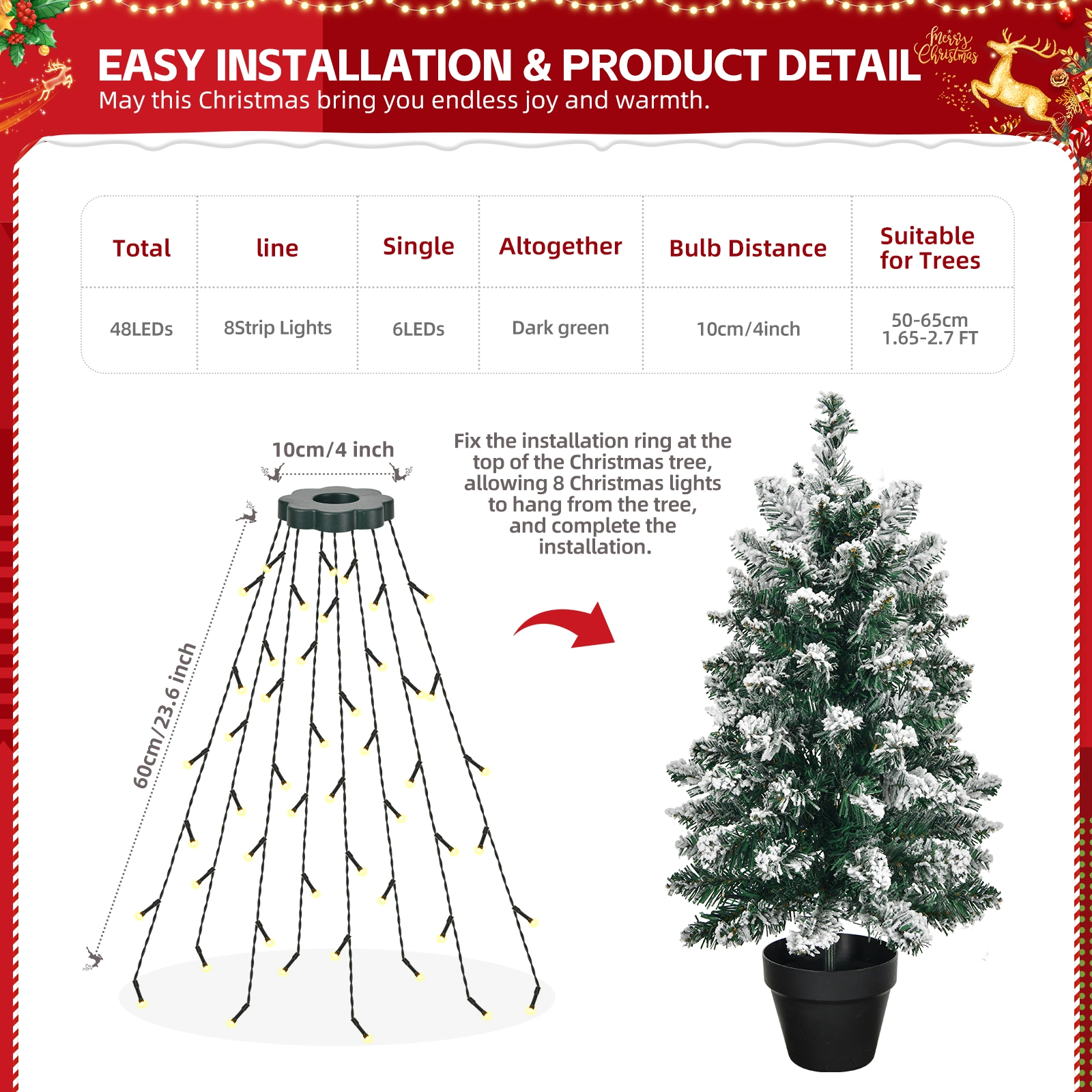 60cm Christmas Tree Lights with Ring, 48 LED Warm White String Lights, 8 Modes with Remote for Indoor Holiday Party Decor view 3