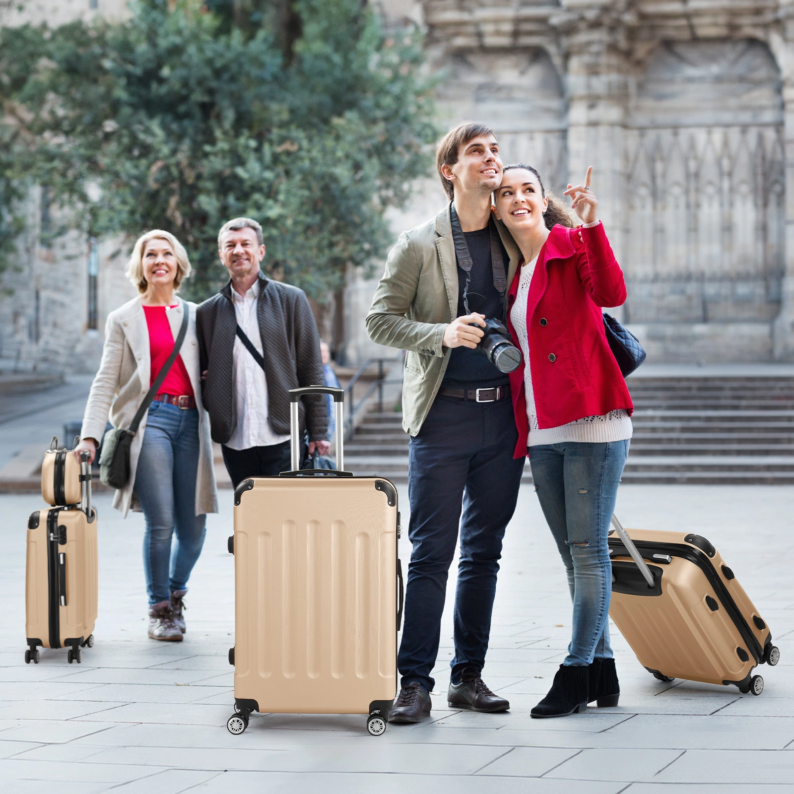 4-Piece ABS Luggage Set 20in+24in+28in Suitcases + 12in Carry-On, Corner-Protected, Steel Telescopic Handle, Champagne Gold view 3