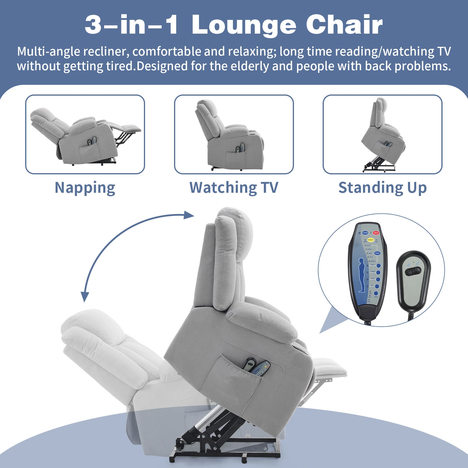 1x Grey Fabric Electric Recliner Chair for Elderly, 8-Point Massage Belt with Heat, 120kg Weight Capacity, Indoor Functional Chair, UK view 2