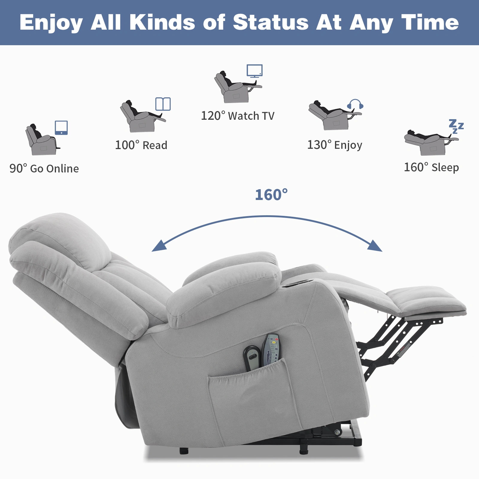 1x Grey Fabric Electric Recliner Chair for Elderly, 8-Point Massage Belt with Heat, 120kg Weight Capacity, Indoor Functional Chair, UK view 3