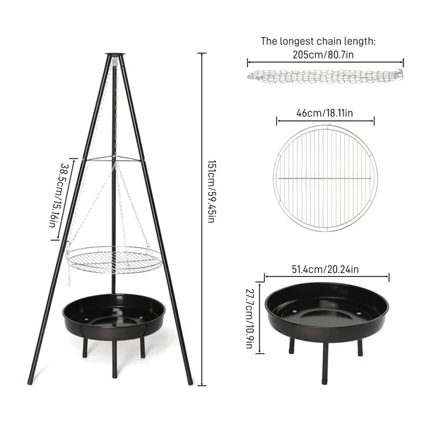 Campfire Tripod Grill, Adjustable Height BBQ Grill Grate with Fire Bowl for Outdoor Camping BBQ, Black view 4