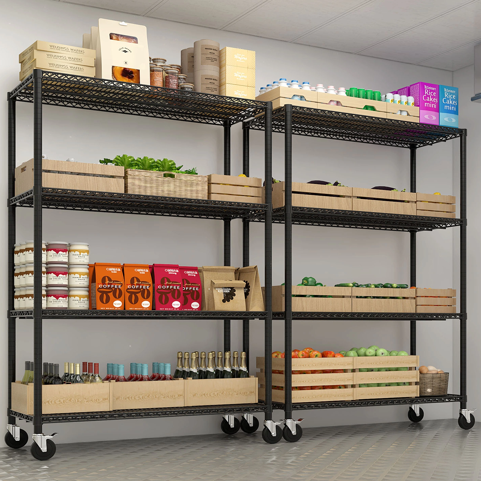 Heavy Duty Wire Shelving Unit 75.59" H X 55.12" W X 23.62" D, 2500 LBS NSF Metal Storage Shelves with Wheels, Adjustable Garage & Commercial Rack