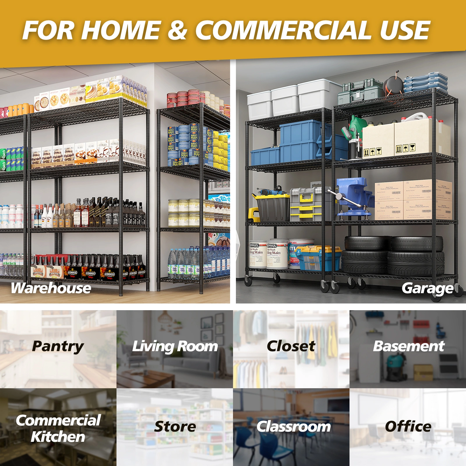Heavy Duty Wire Shelving Unit 75.59" H X 55.12" W X 23.62" D, 2500 LBS NSF Metal Storage Shelves with Wheels, Adjustable Garage & Commercial Rack view 13
