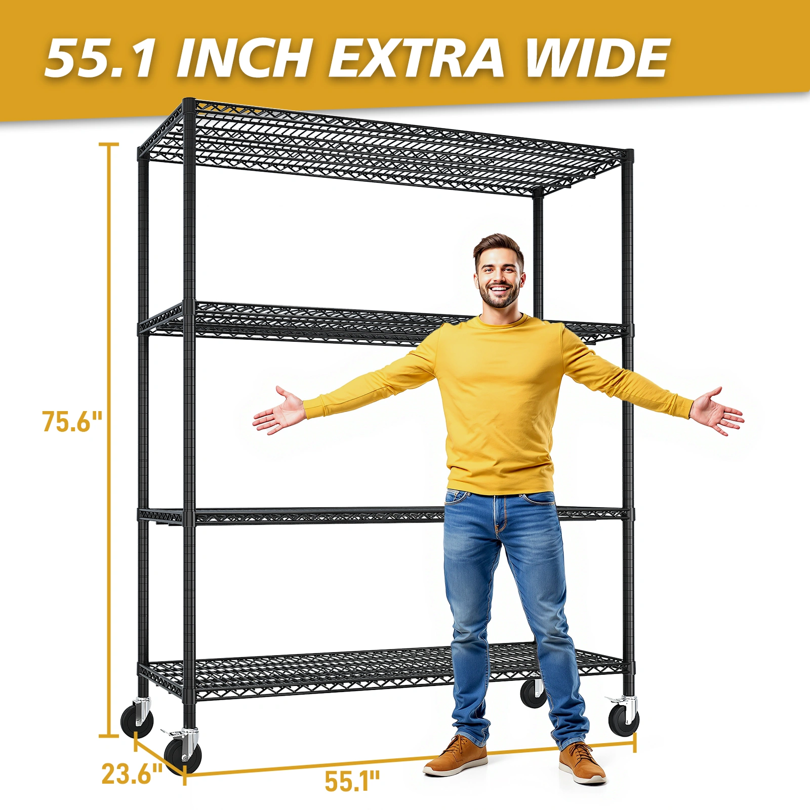 Heavy Duty Wire Shelving Unit 75.59" H X 55.12" W X 23.62" D, 2500 LBS NSF Metal Storage Shelves with Wheels, Adjustable Garage & Commercial Rack view 4