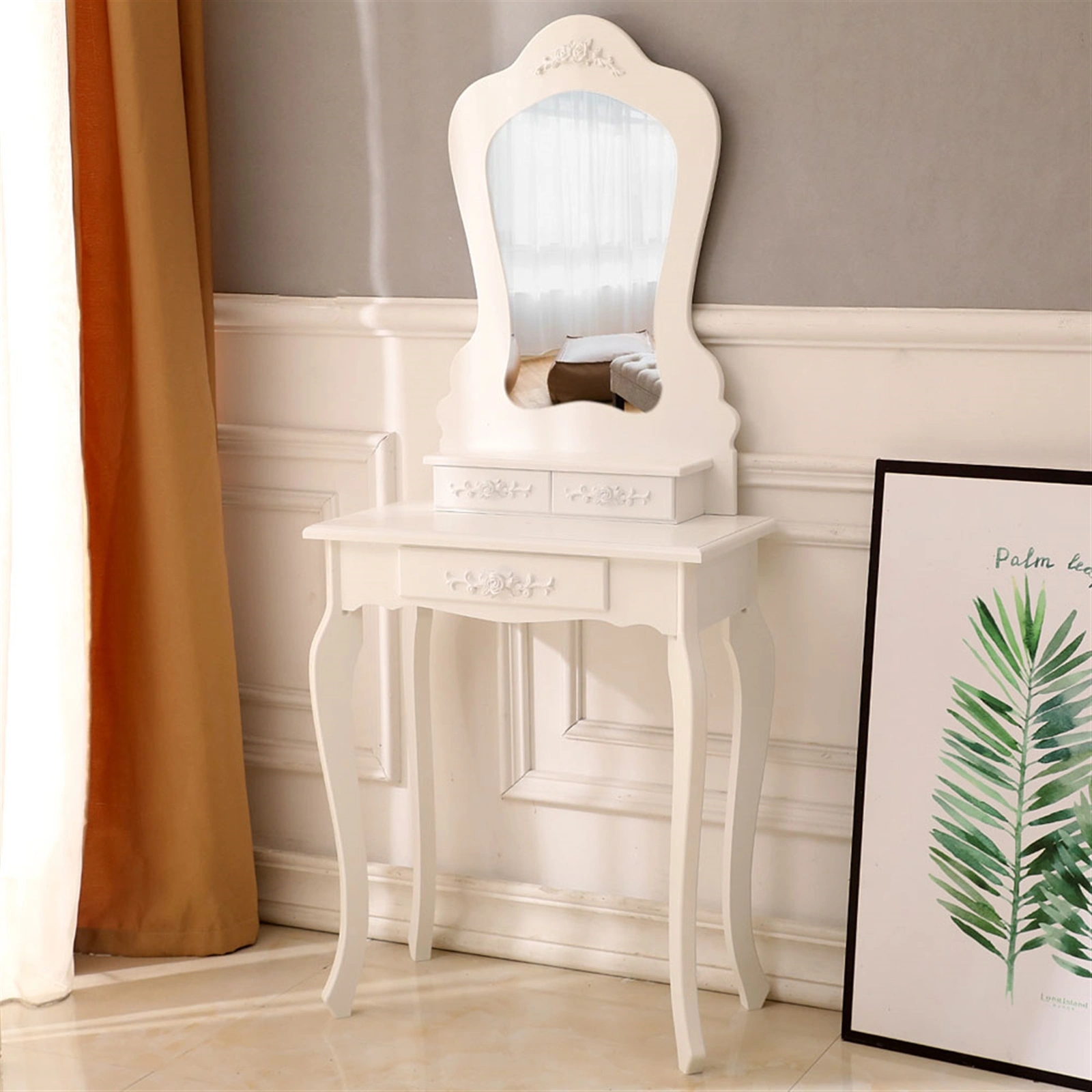 White Dressing Table with Irregular Shaped Mirror & 3 Drawers, Vanity Table view 3