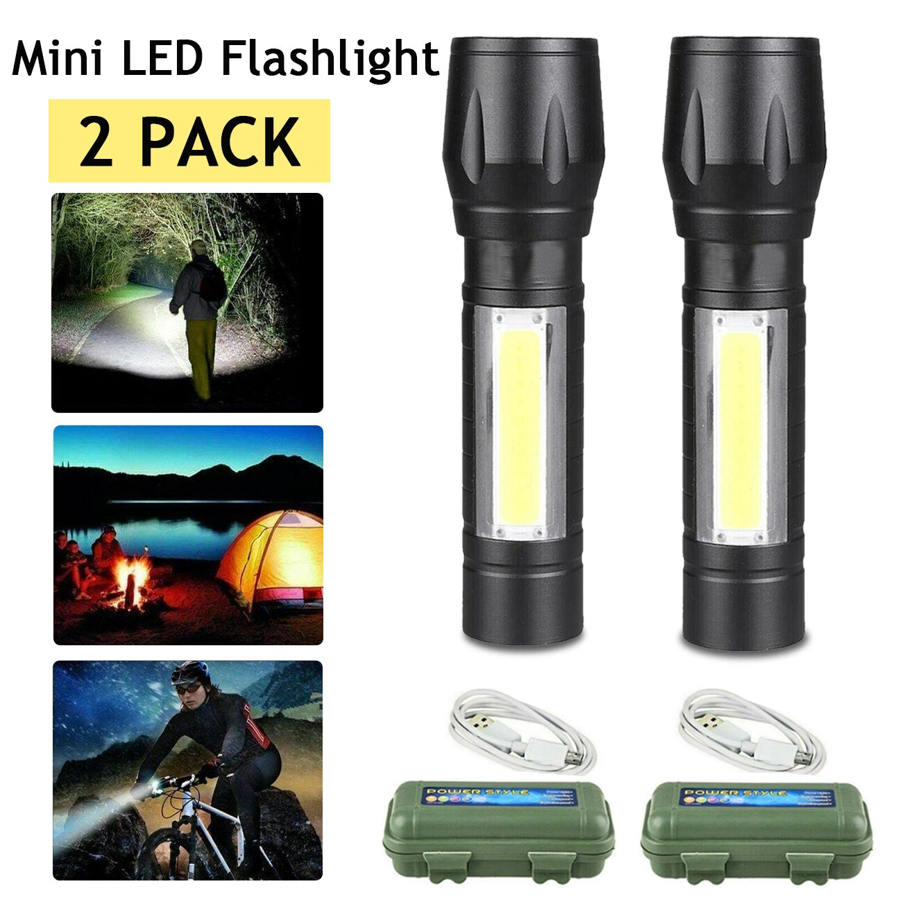 2Pcs Mini Zoomable LED Flashlight USB Rechargeable Camping Hiking Work Light Torch