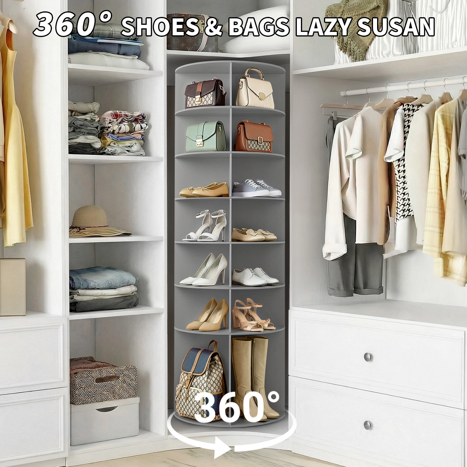 7-tier, 360° rotating wood-plastic composite shoe rack, 60*60*184cm, gray view 11
