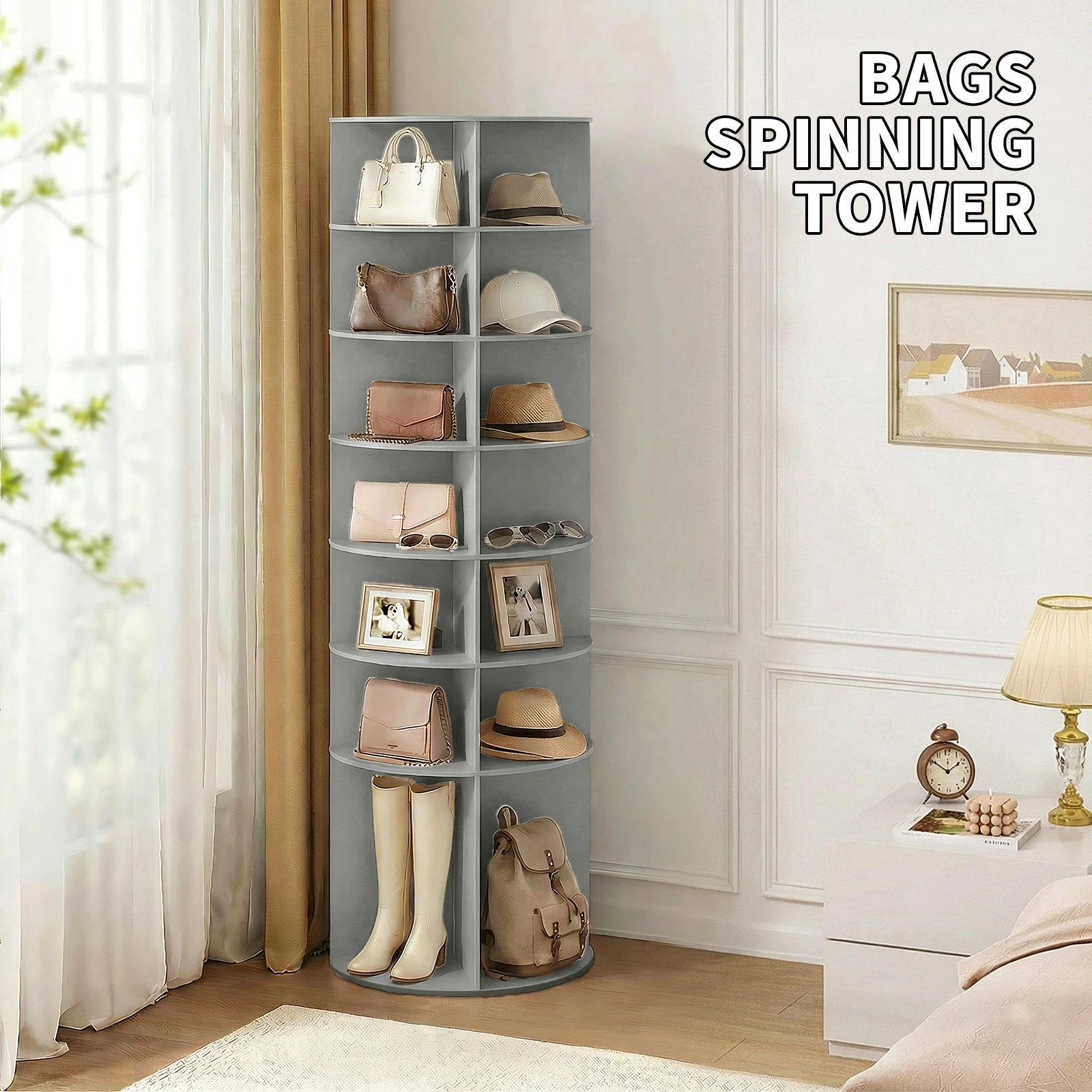 7-tier, 360° rotating wood-plastic composite shoe rack, 60*60*184cm, gray view 13