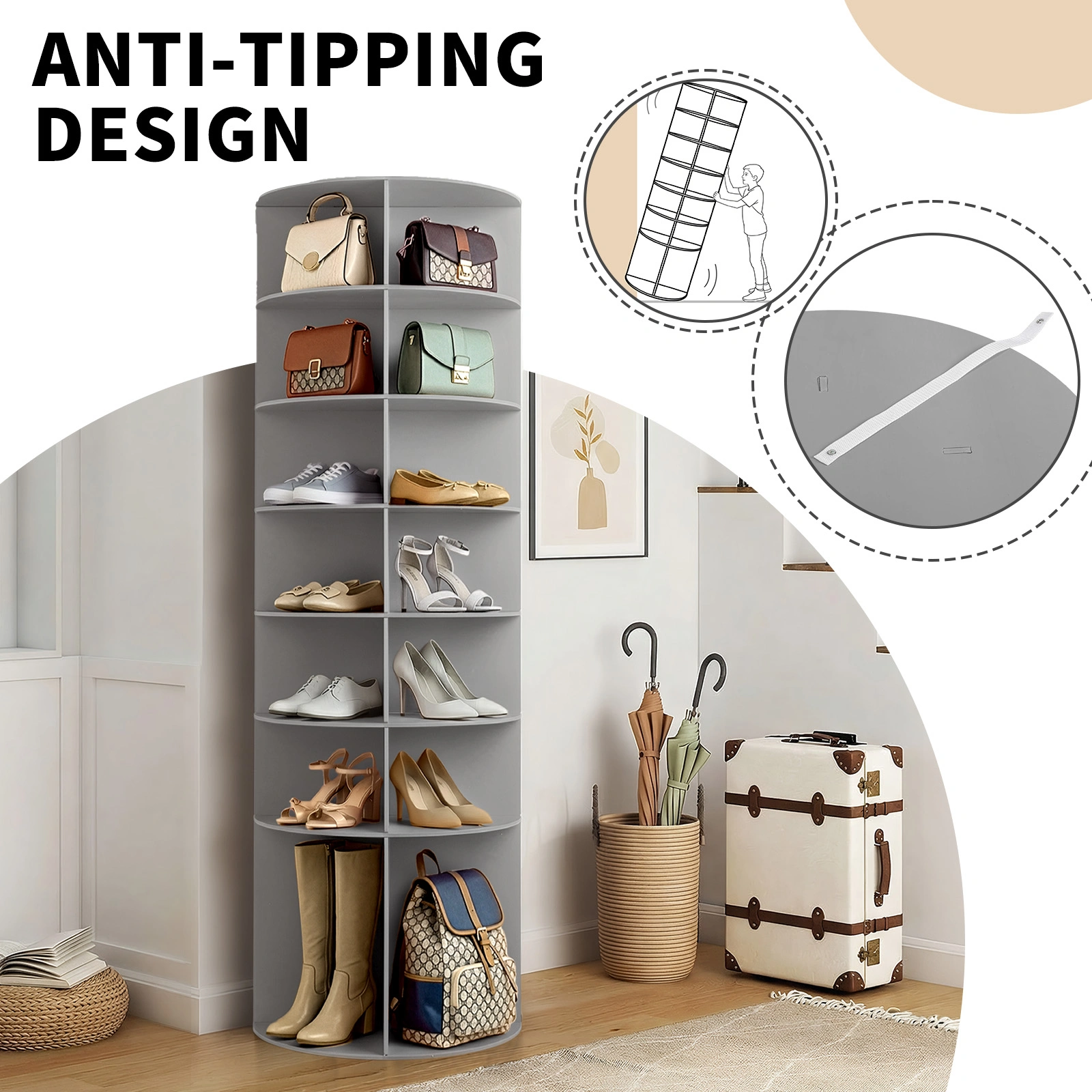 7-tier, 360° rotating wood-plastic composite shoe rack, 60*60*184cm, gray view 15