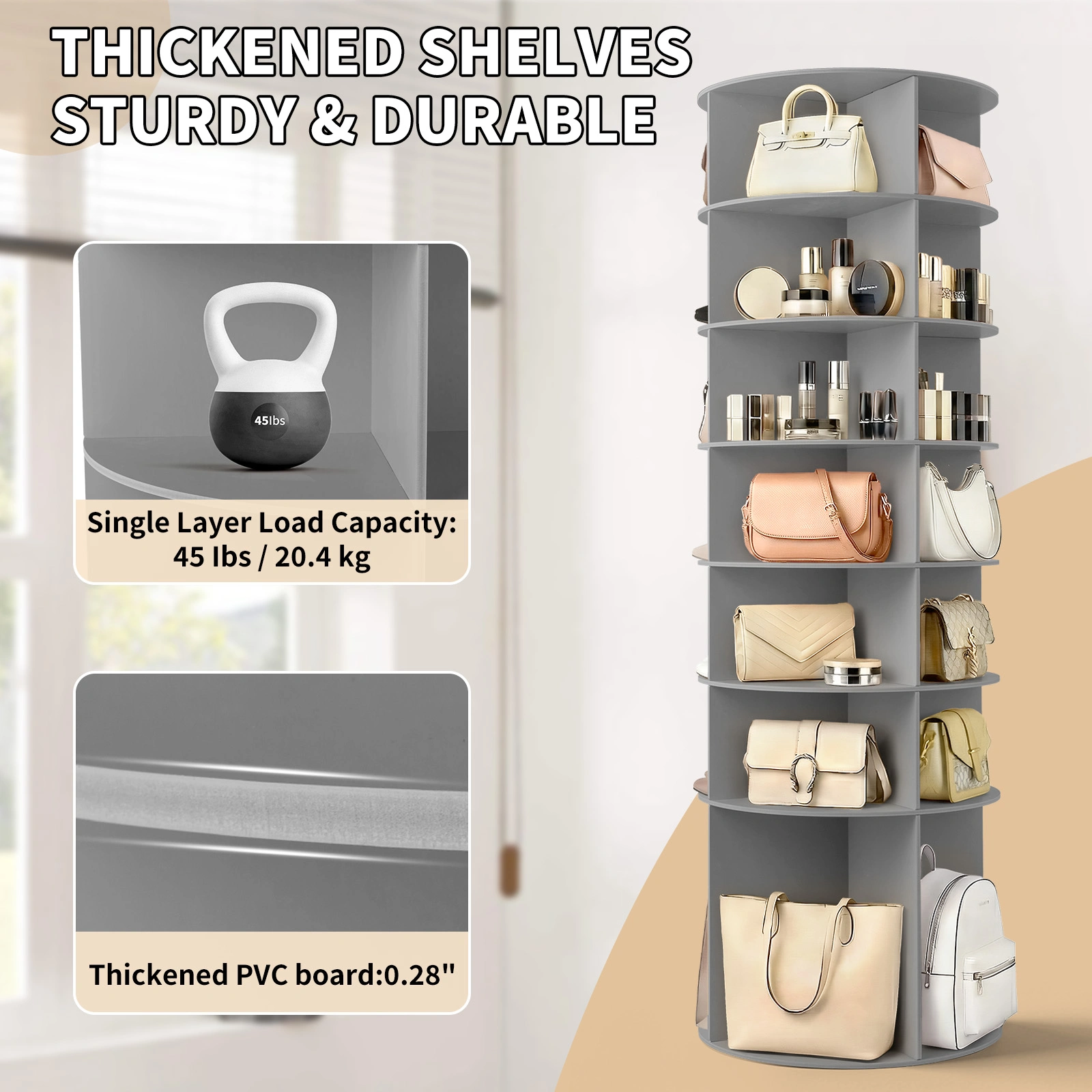 7-tier, 360° rotating wood-plastic composite shoe rack, 60*60*184cm, gray view 6