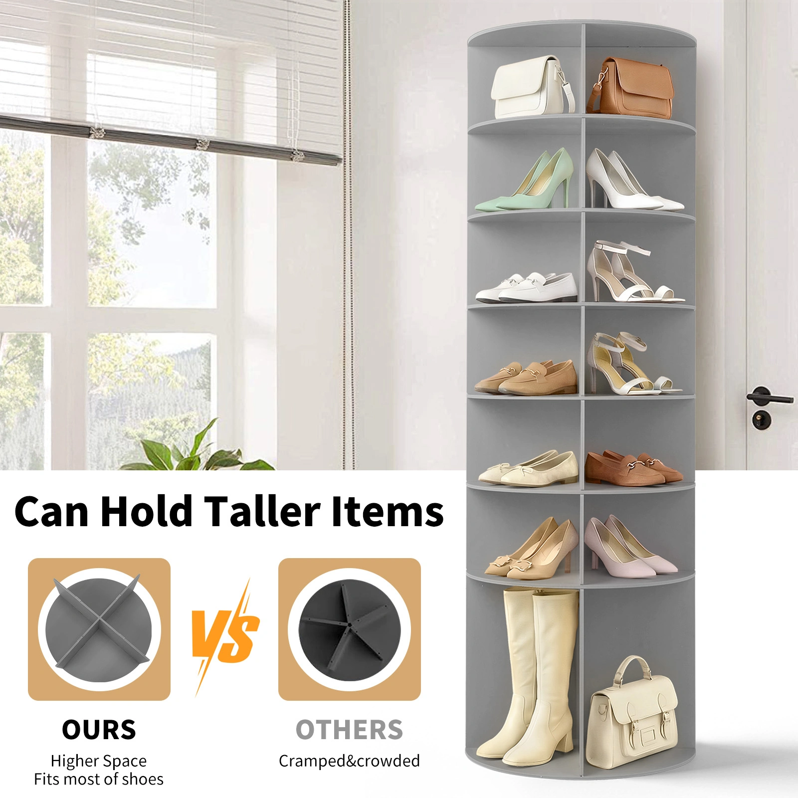 7-tier, 360° rotating wood-plastic composite shoe rack, 60*60*184cm, gray view 7