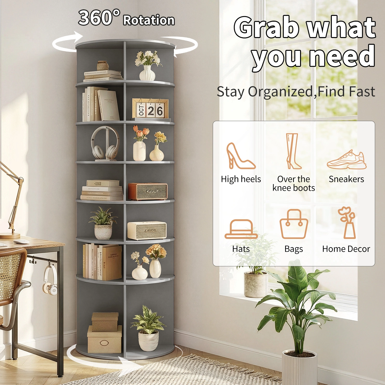 7-tier, 360° rotating wood-plastic composite shoe rack, 60*60*184cm, gray view 8