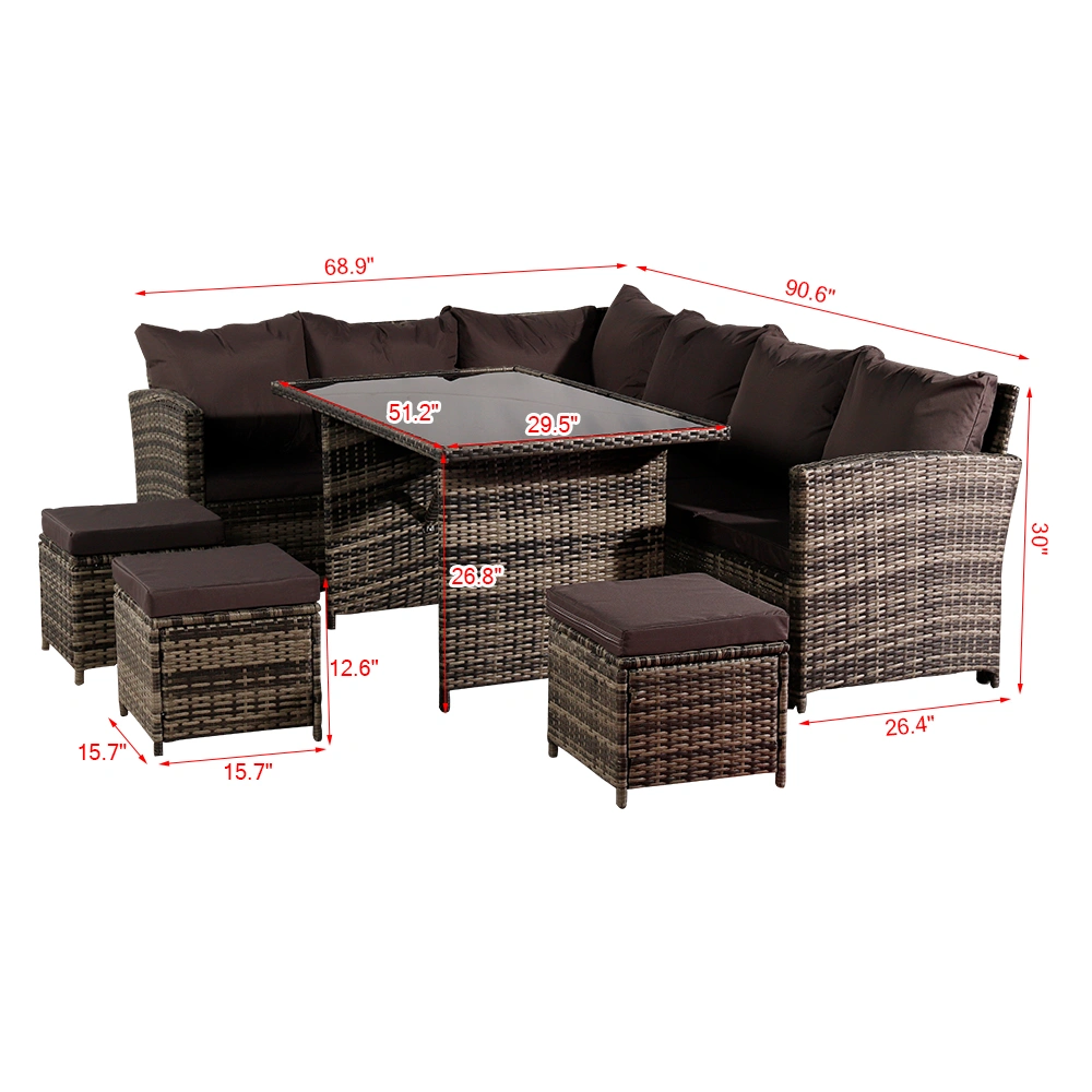 9-Seater Rattan Outdoor Sofa Dining Set with Glass Table, Free Rain Cover, Dark Grey Cushions, UK Flame Retardant Grey Wicker view 2