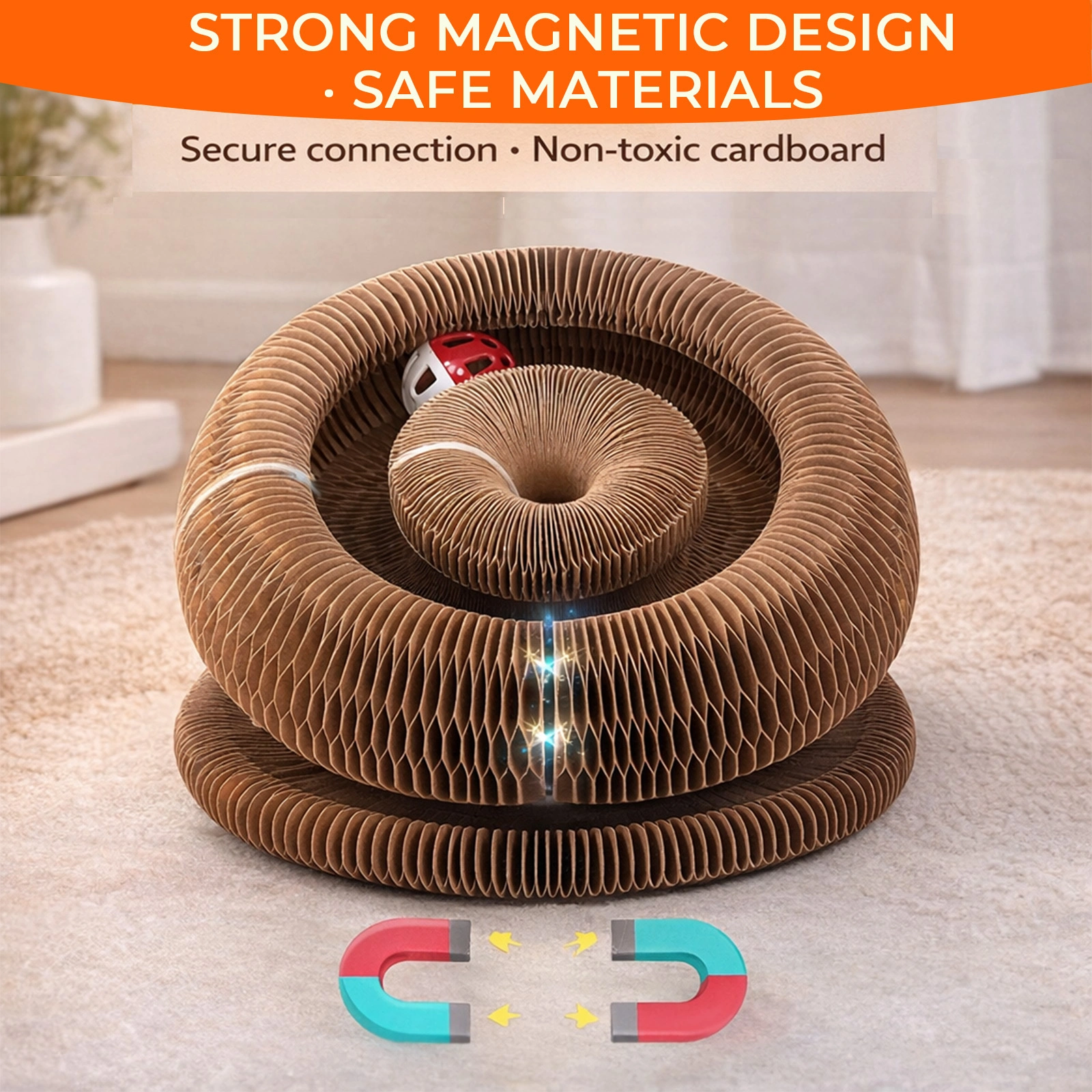 Kitty Curls Cat Toy - Foldable Accordion Cat Scratcher withBall - Magic Organ Cat Scratch Board for Interactive Play -Calming Features view 8