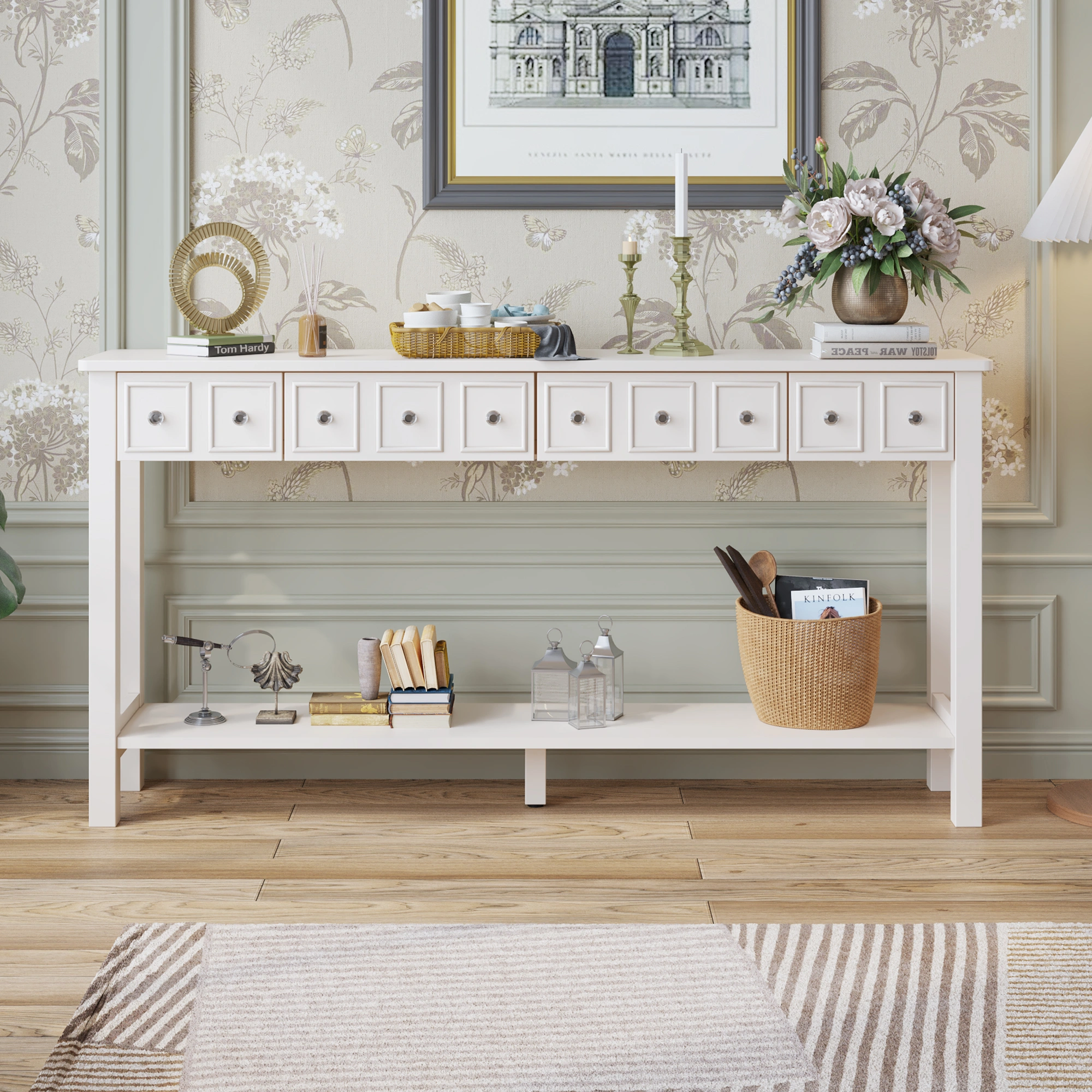 Long Console Table Entryway Table with Different Size Drawers and Bottom Shelf, White Narrow Storage Sofa Table for Entryway Hallway(White) Long Console Table