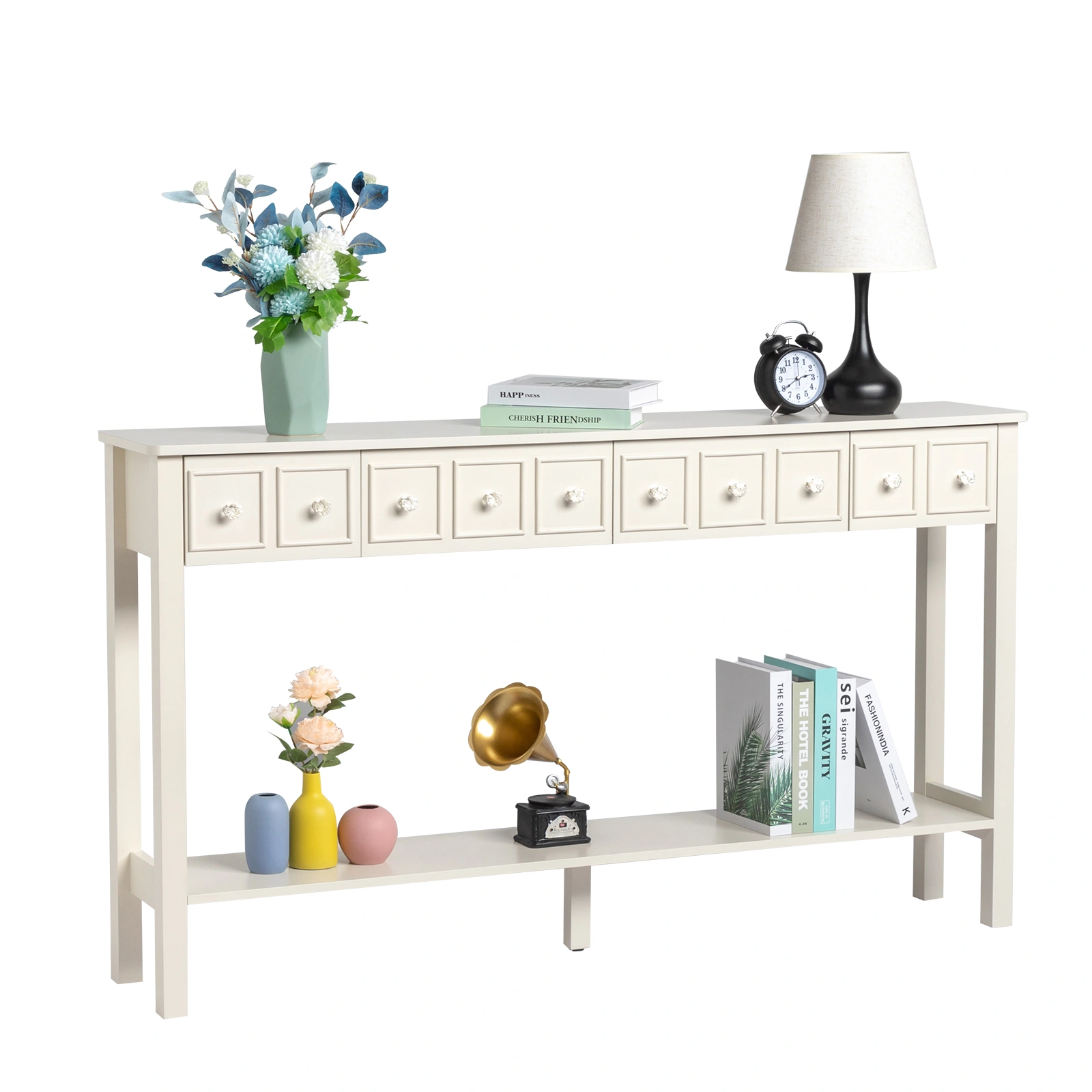 Long Console Table Entryway Table with Different Size Drawers and Bottom Shelf, White Narrow Storage Sofa Table for Entryway Hallway(White) Long Console Table view 11