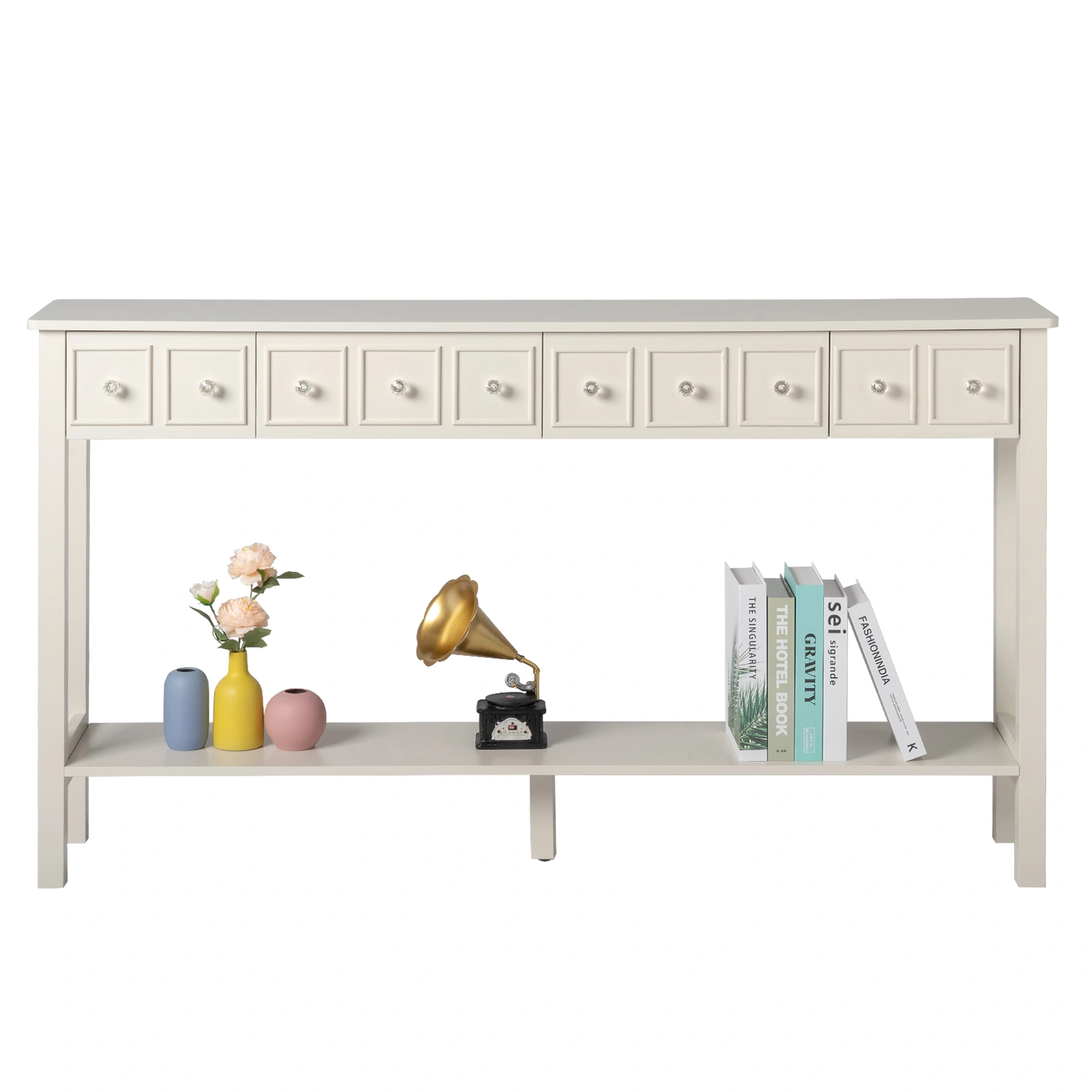 Long Console Table Entryway Table with Different Size Drawers and Bottom Shelf, White Narrow Storage Sofa Table for Entryway Hallway(White) Long Console Table view 12