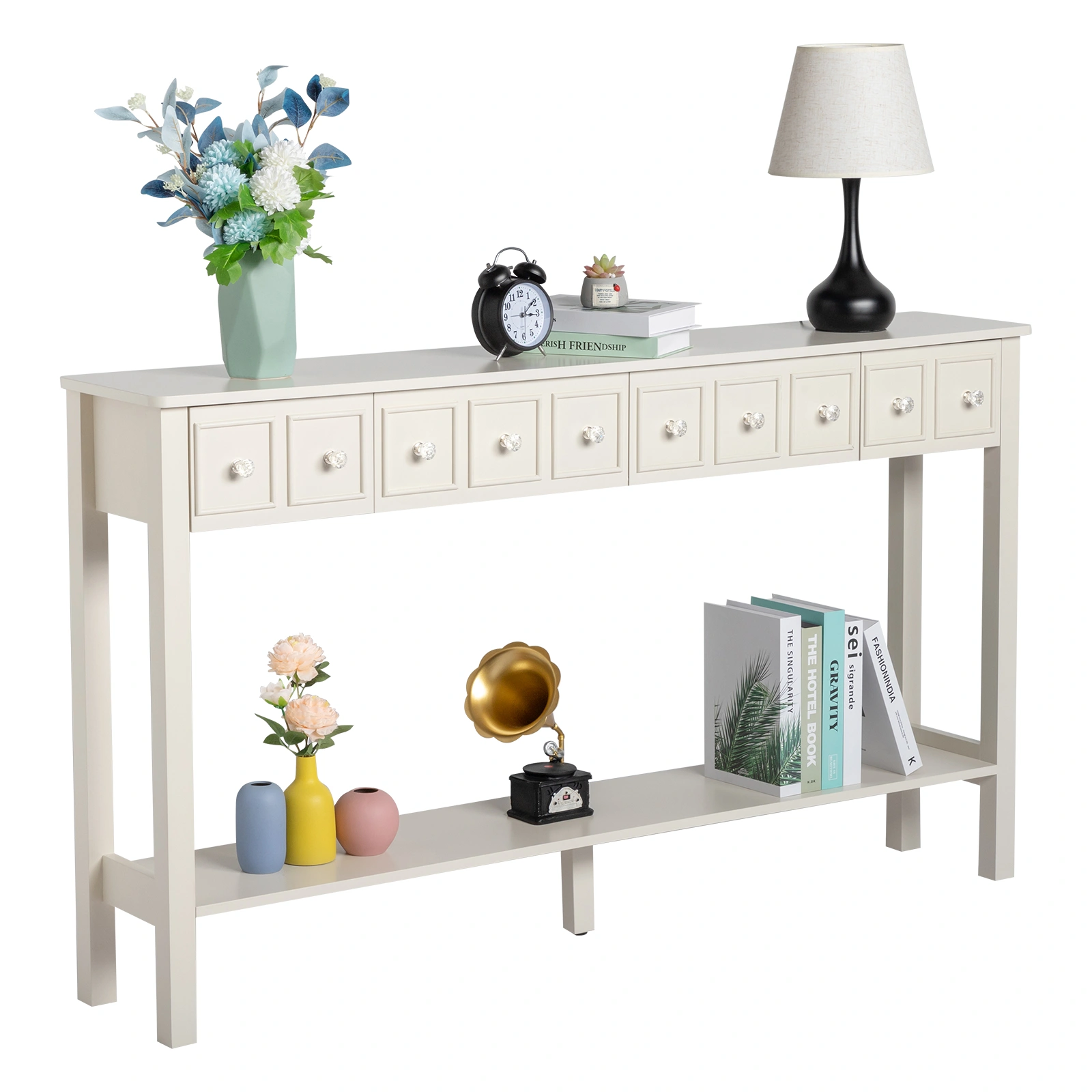 Long Console Table Entryway Table with Different Size Drawers and Bottom Shelf, White Narrow Storage Sofa Table for Entryway Hallway(White) Long Console Table view 13