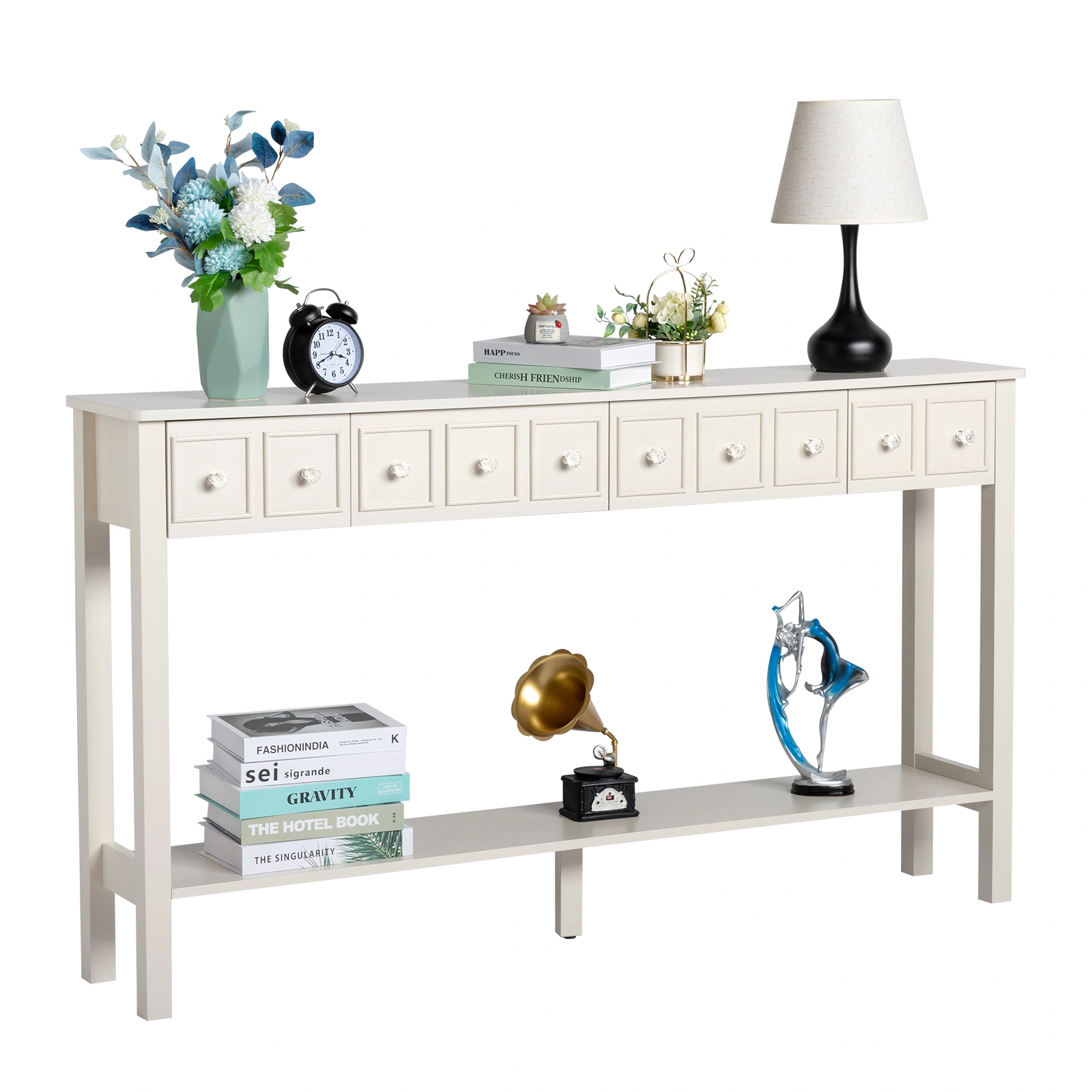 Long Console Table Entryway Table with Different Size Drawers and Bottom Shelf, White Narrow Storage Sofa Table for Entryway Hallway(White) Long Console Table view 14
