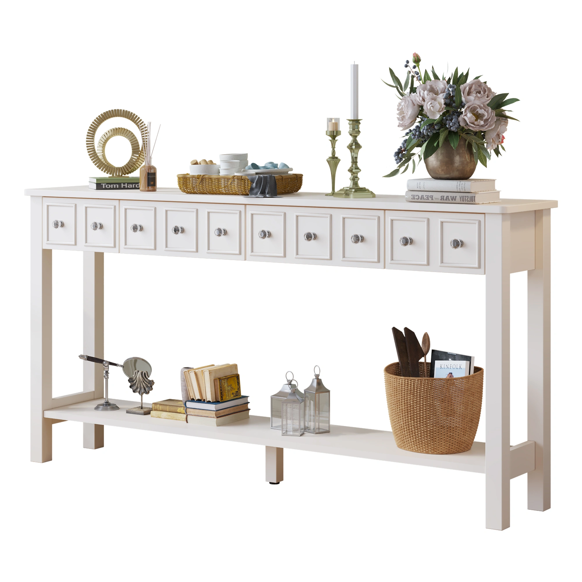 Long Console Table Entryway Table with Different Size Drawers and Bottom Shelf, White Narrow Storage Sofa Table for Entryway Hallway(White) Long Console Table view 15