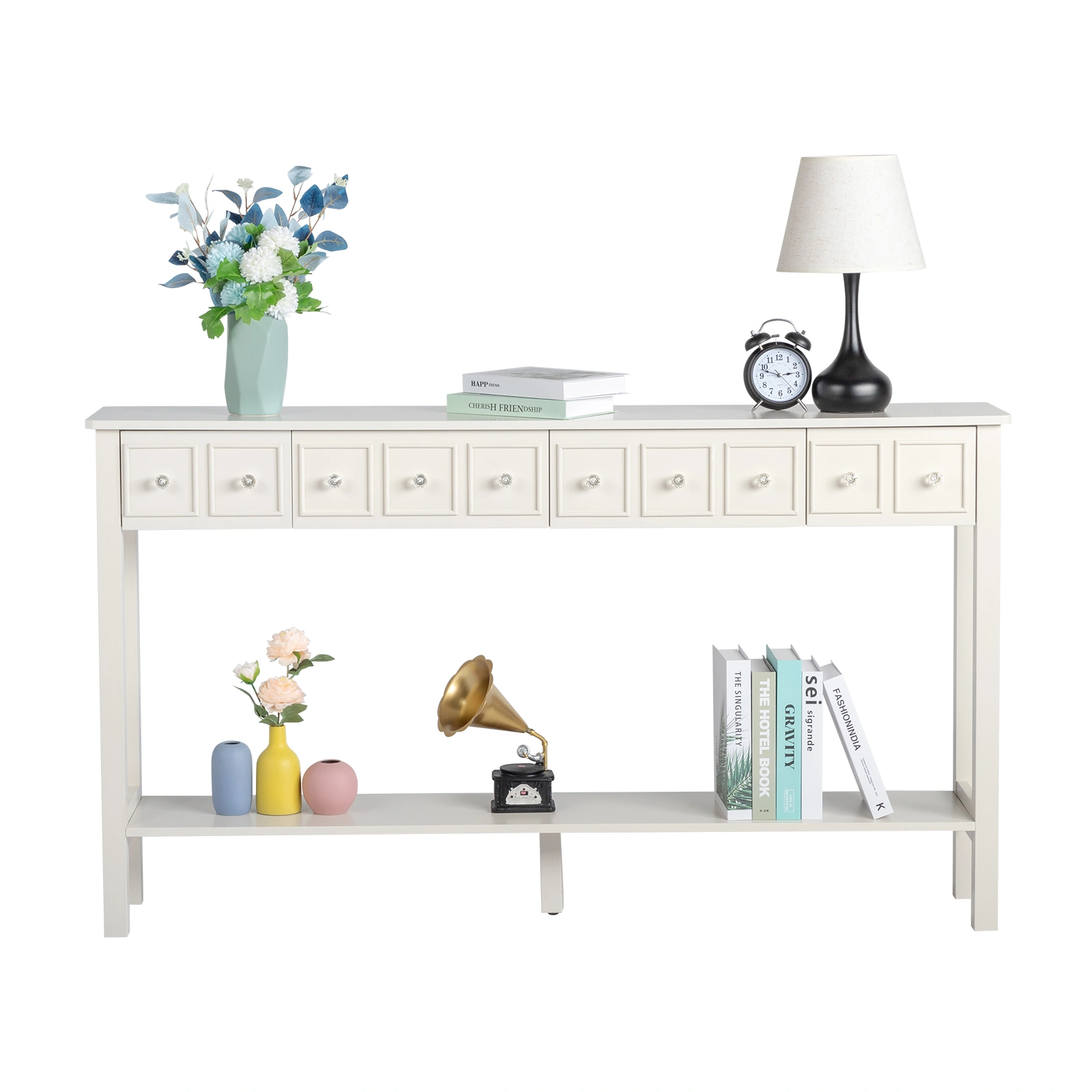 Long Console Table Entryway Table with Different Size Drawers and Bottom Shelf, White Narrow Storage Sofa Table for Entryway Hallway(White) Long Console Table view 16