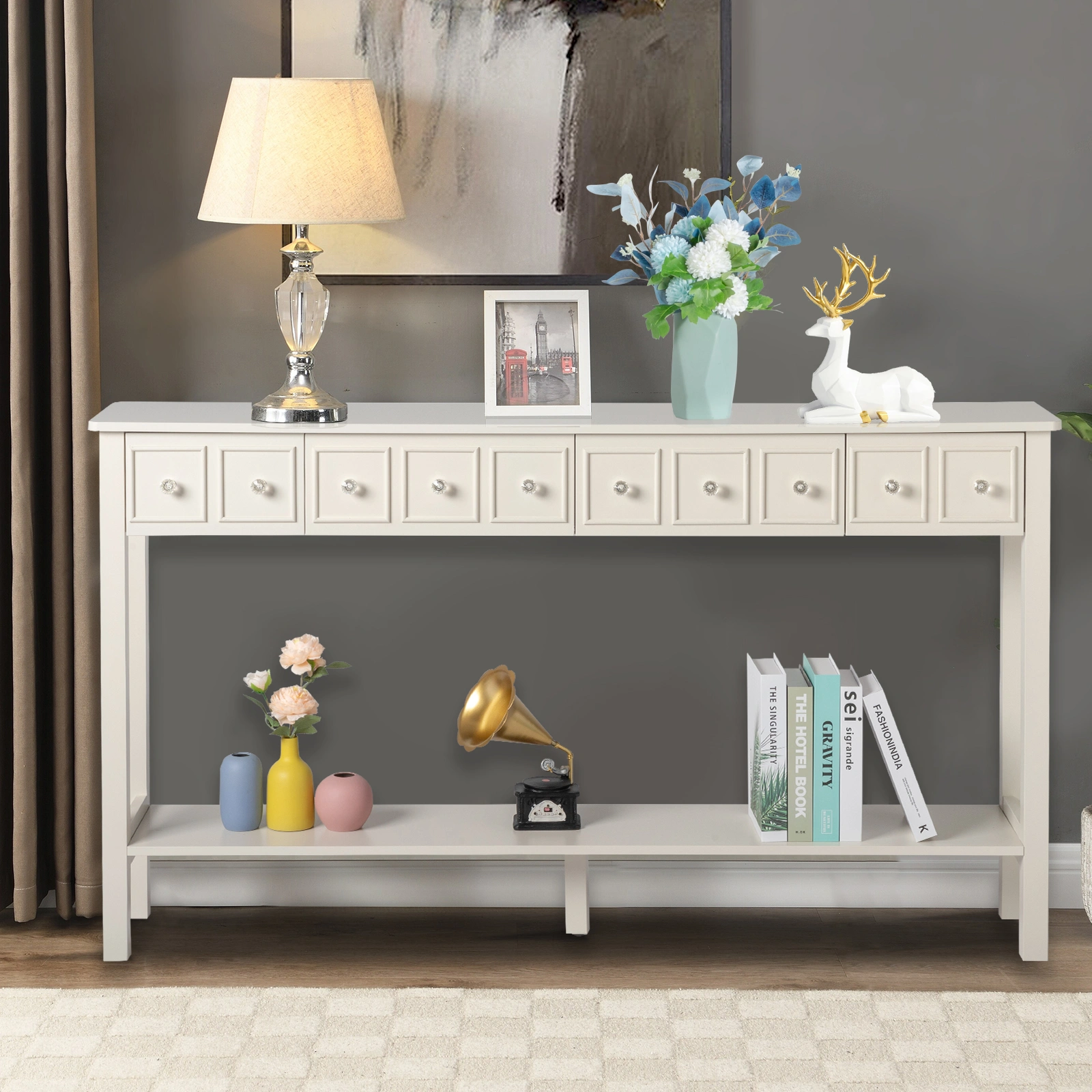 Long Console Table Entryway Table with Different Size Drawers and Bottom Shelf, White Narrow Storage Sofa Table for Entryway Hallway(White) Long Console Table view 17