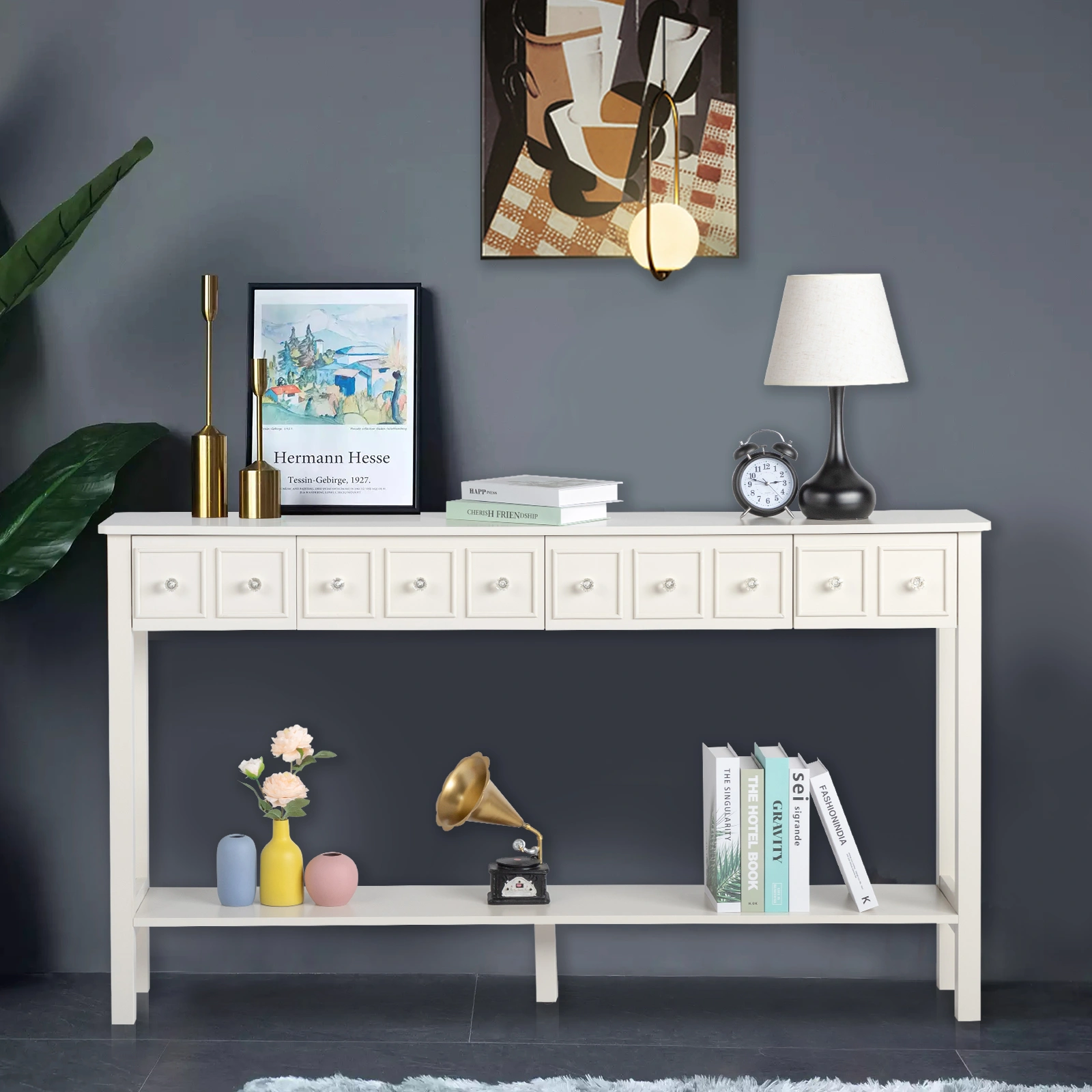Long Console Table Entryway Table with Different Size Drawers and Bottom Shelf, White Narrow Storage Sofa Table for Entryway Hallway(White) Long Console Table view 18